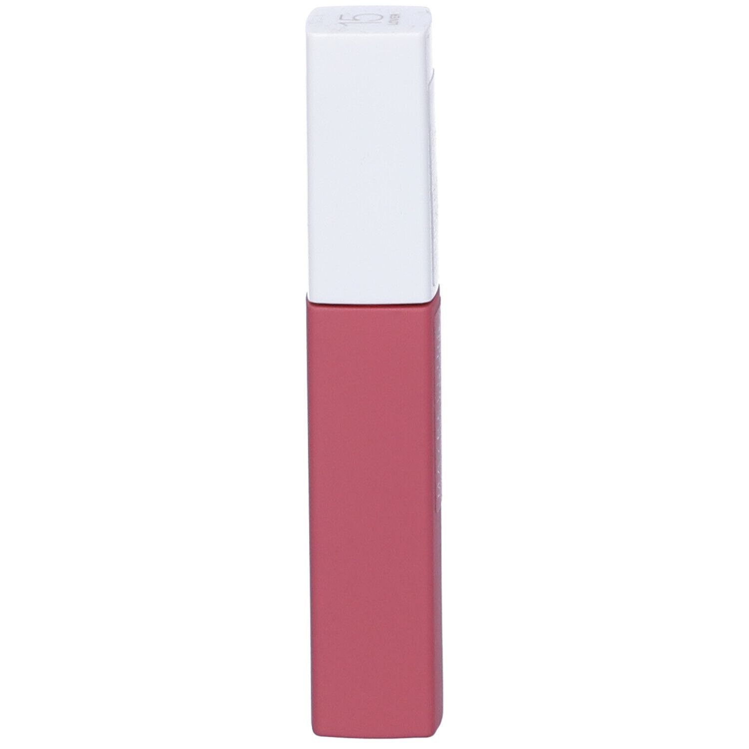 Un rouge à lèvres liquide dans un emballage rectangulaire, teinte rose mate avec un capuchon blanc.