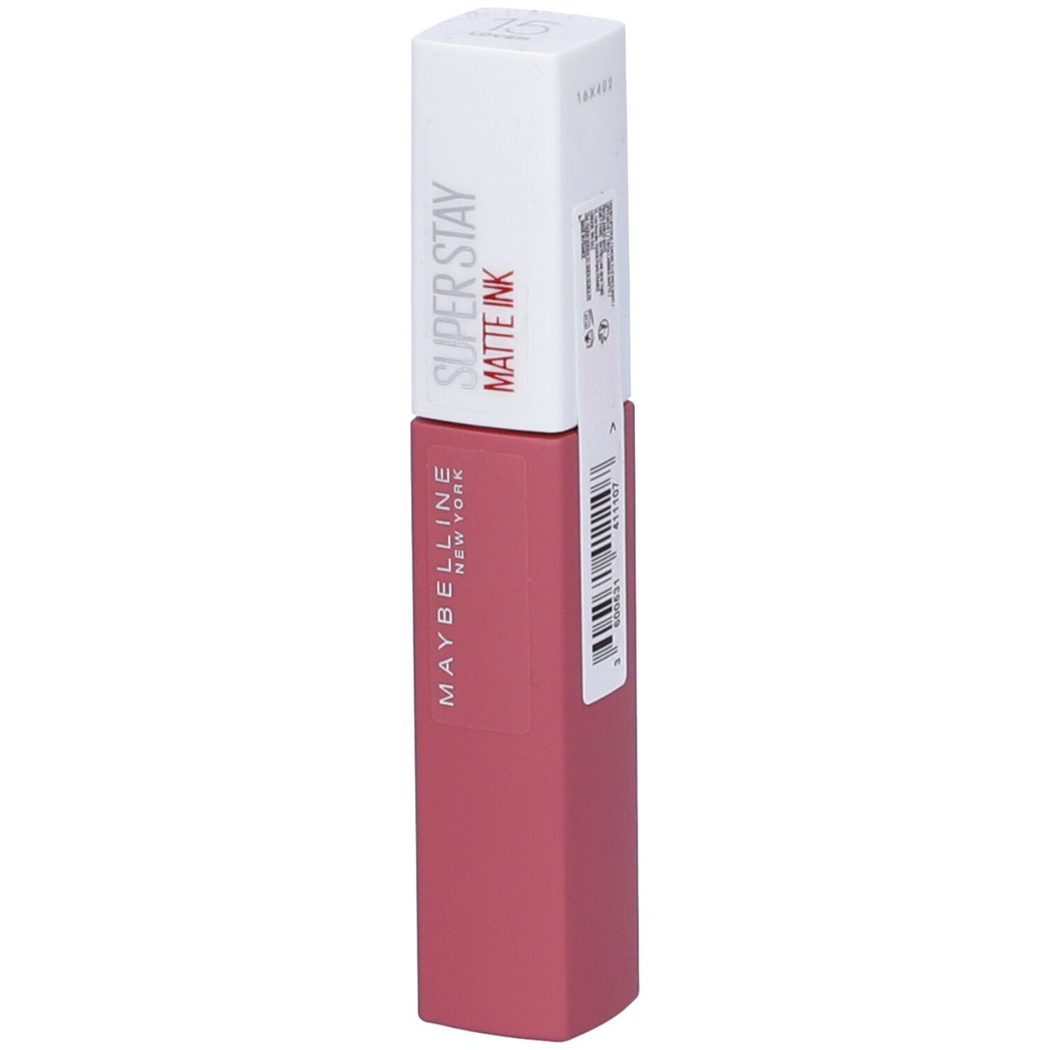 Maybelline Super Stay Matte Ink rouge à lèvres, teinte mate rosée. Bouchon blanc avec inscription rouge.
