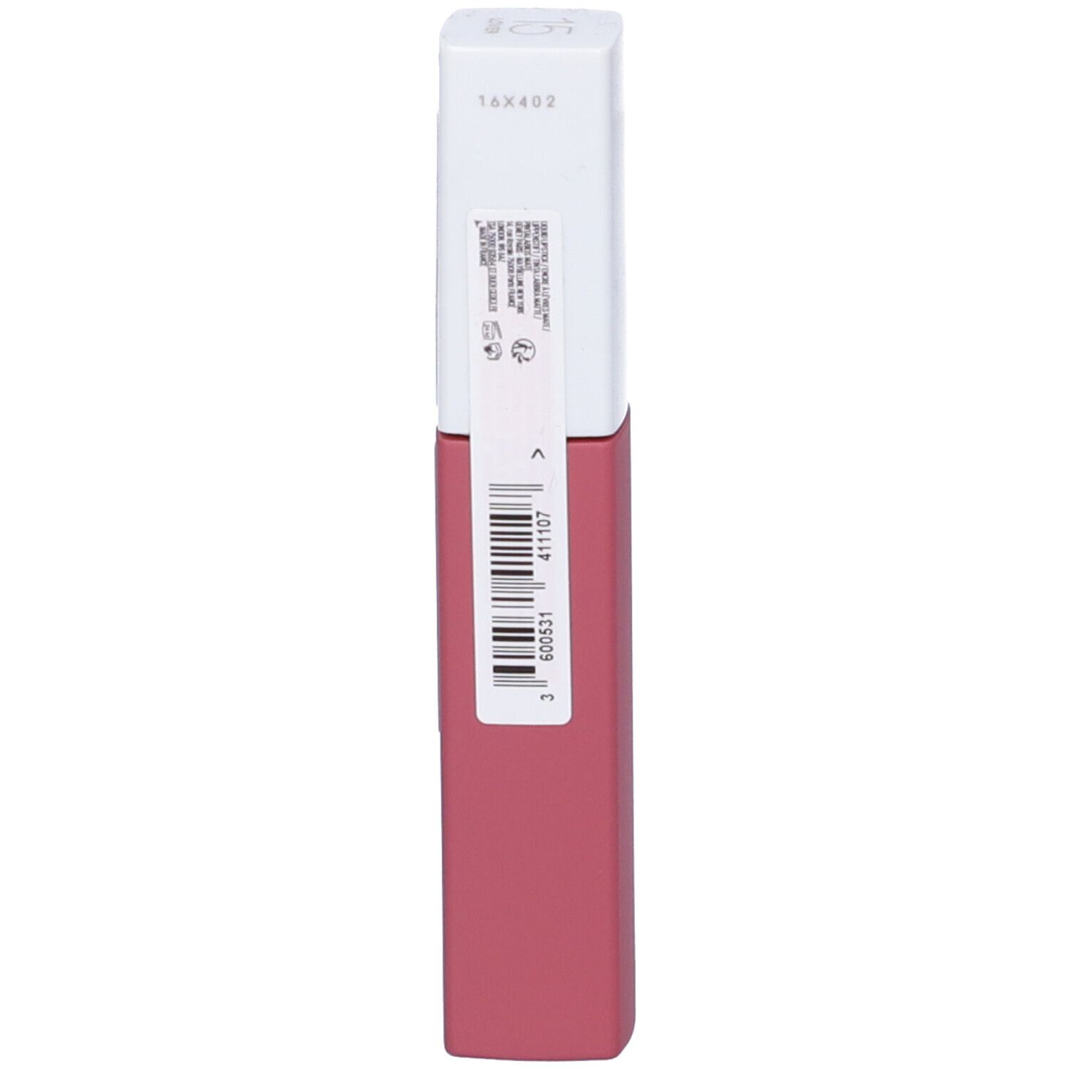 Un rouge à lèvres liquide rose mat avec un capuchon blanc et une étiquette à code-barres.