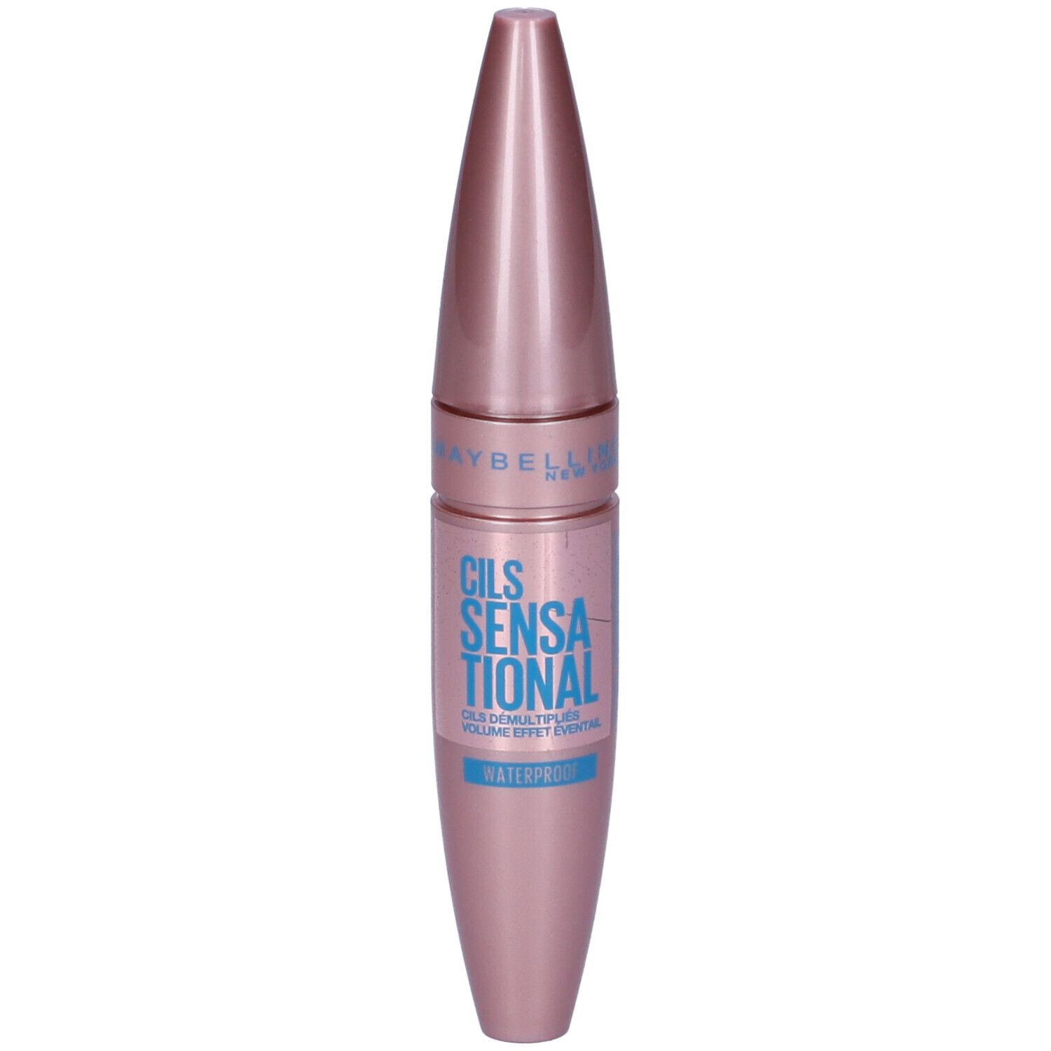 Mascara Maybelline Cils Sensational, waterproof, emballage rose doré.