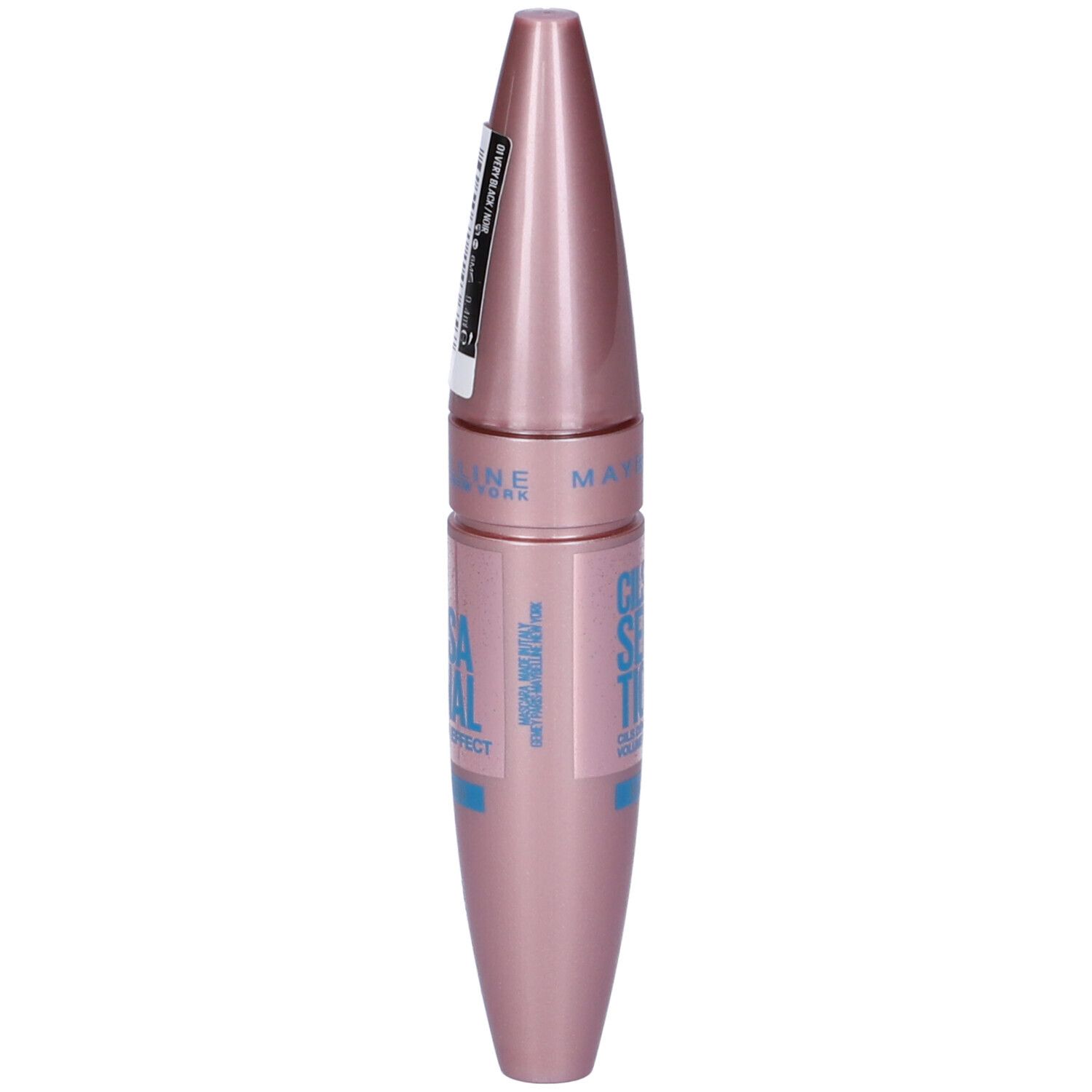 Mascara Maybelline dans un tube rose doré avec inscription bleue.