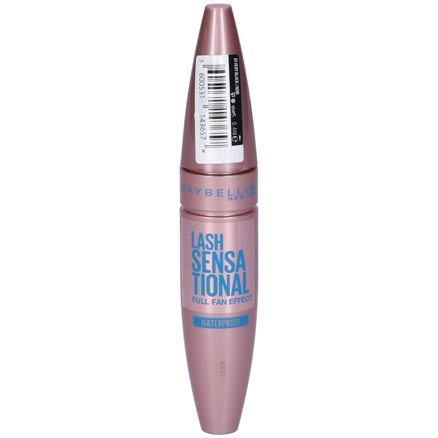 Mascara Maybelline Lash Sensational Waterproof, tube rosé. Inscription bleue "Full Fan Effect".