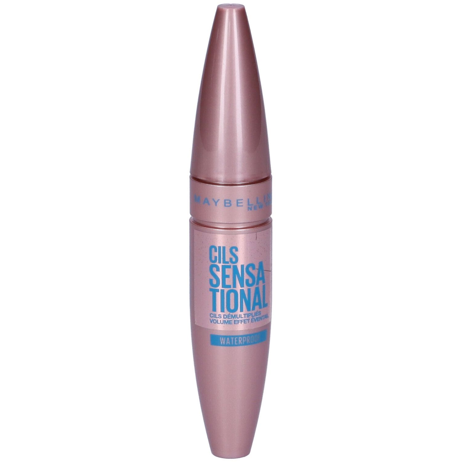Mascara Maybelline rose avec inscription bleue. "Cils Sensational" et "Waterproof" sont visibles.