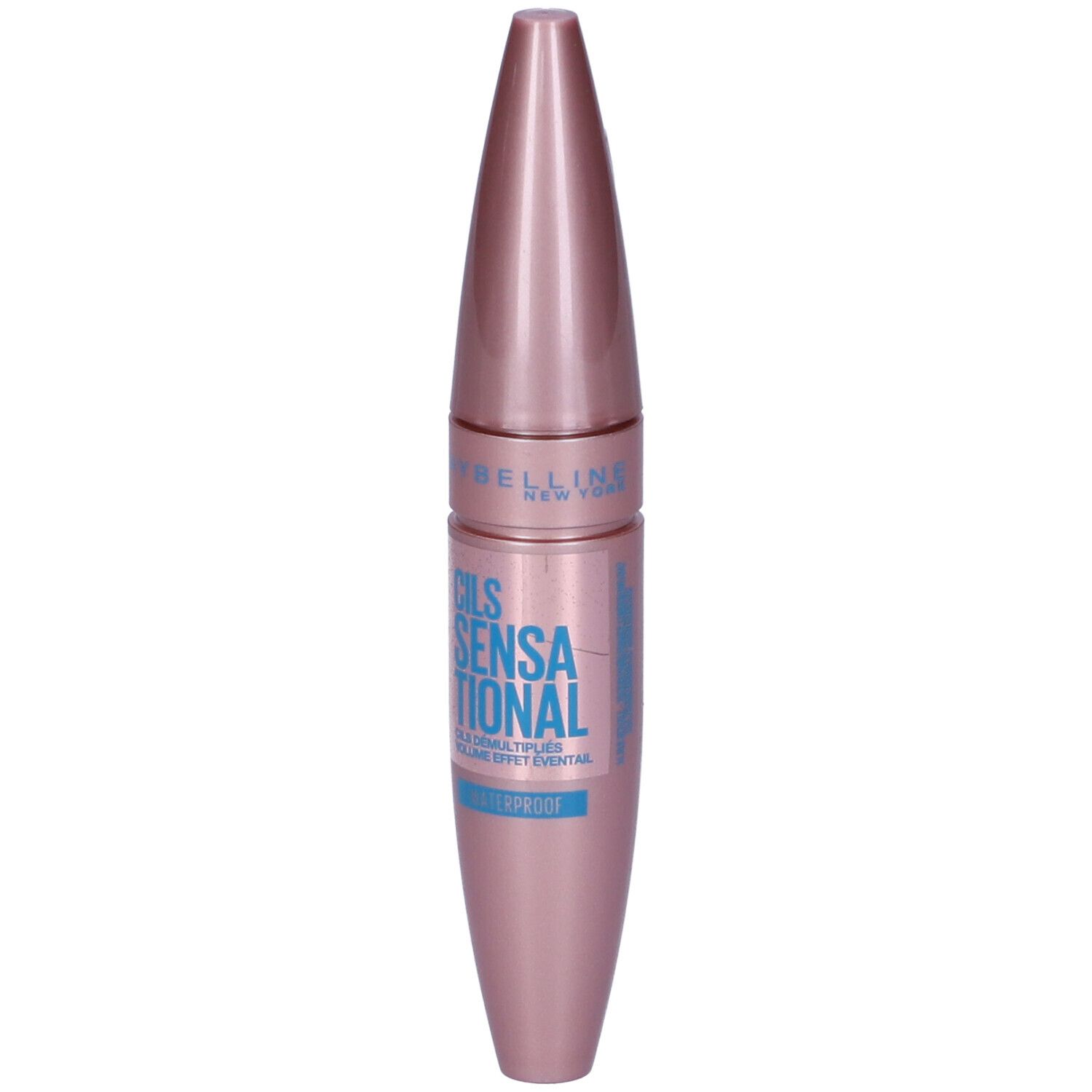 Mascara Maybelline Sensational, waterproof, emballage rose doré.