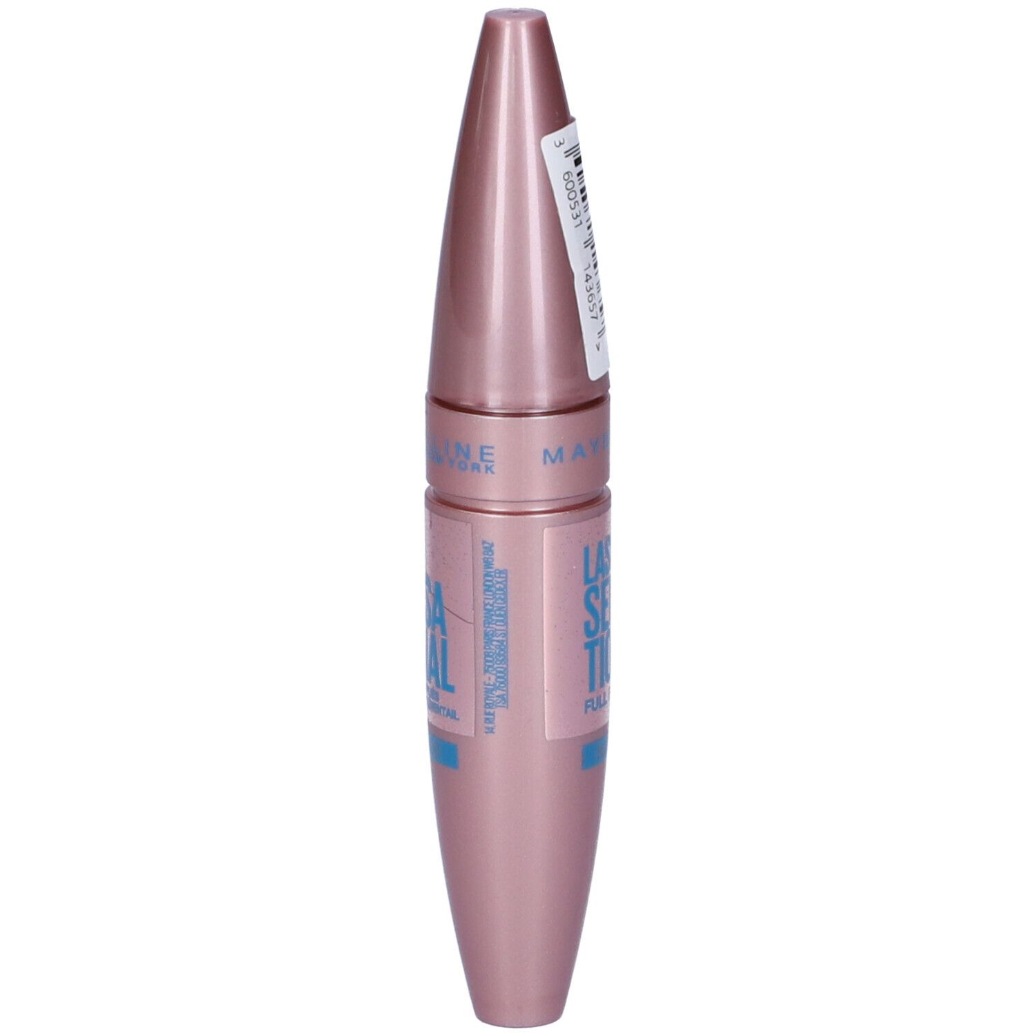 Tube de mascara rose avec applicateur argenté. Texte : Maybelline New York, Lash Sensational.