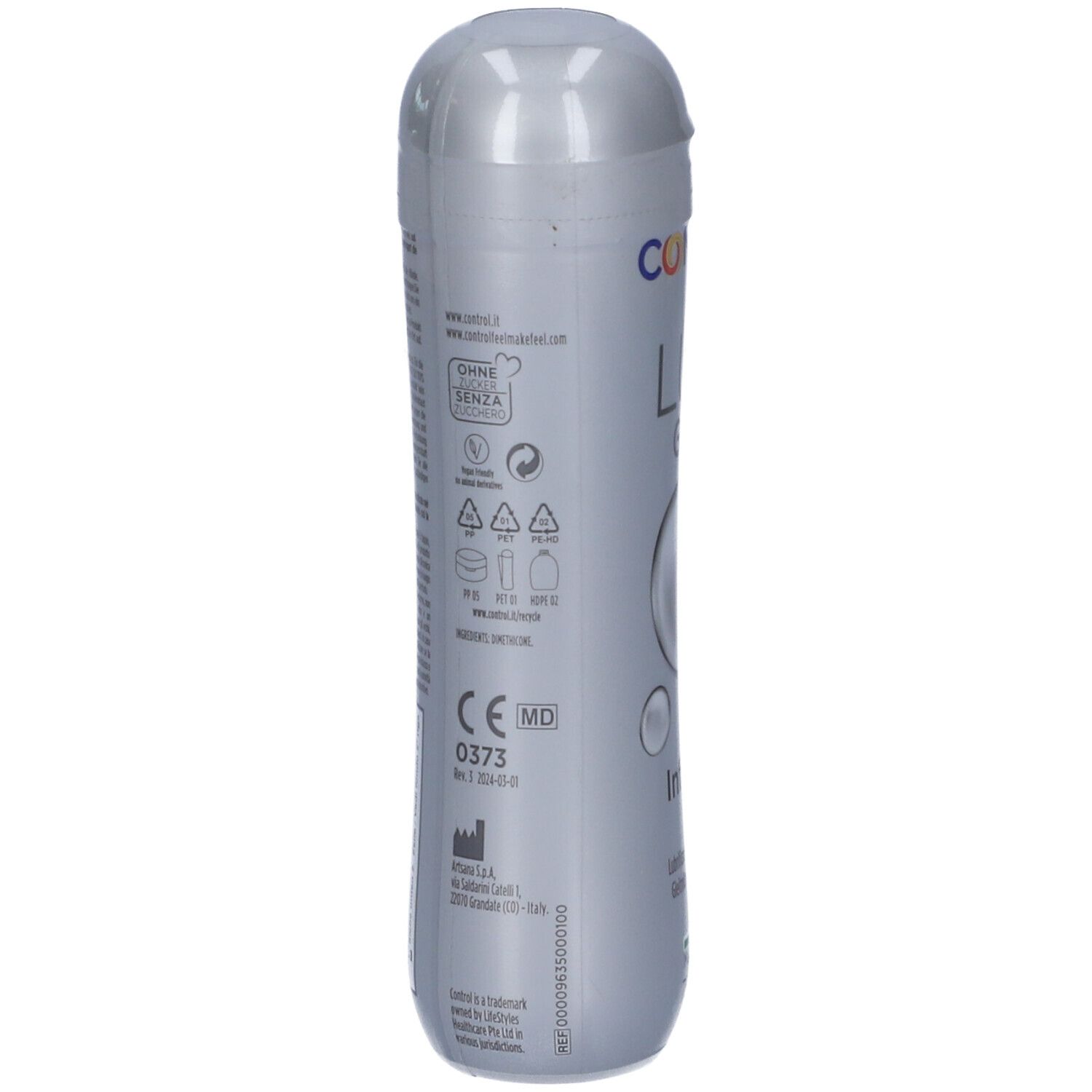 Dos de la bouteille CONTROL LUB GEL Infinity avec certifications CE et MD.