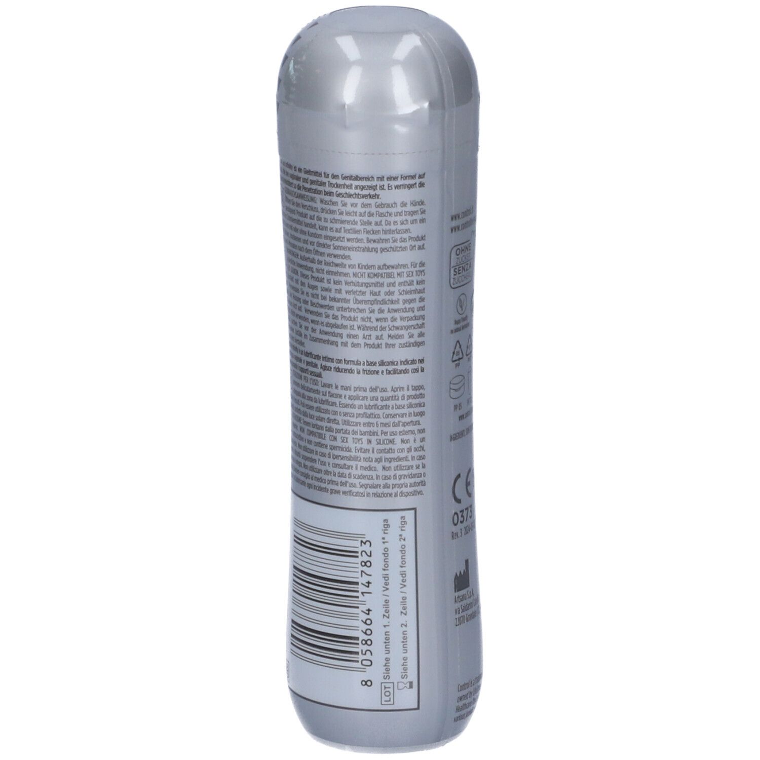 Dos de la bouteille CONTROL LUB GEL Infinity avec code-barres et informations produit.