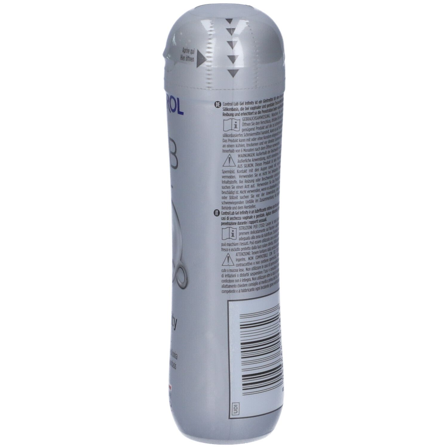 Vue latérale de la bouteille CONTROL LUB GEL Infinity avec avertissements et code-barres.