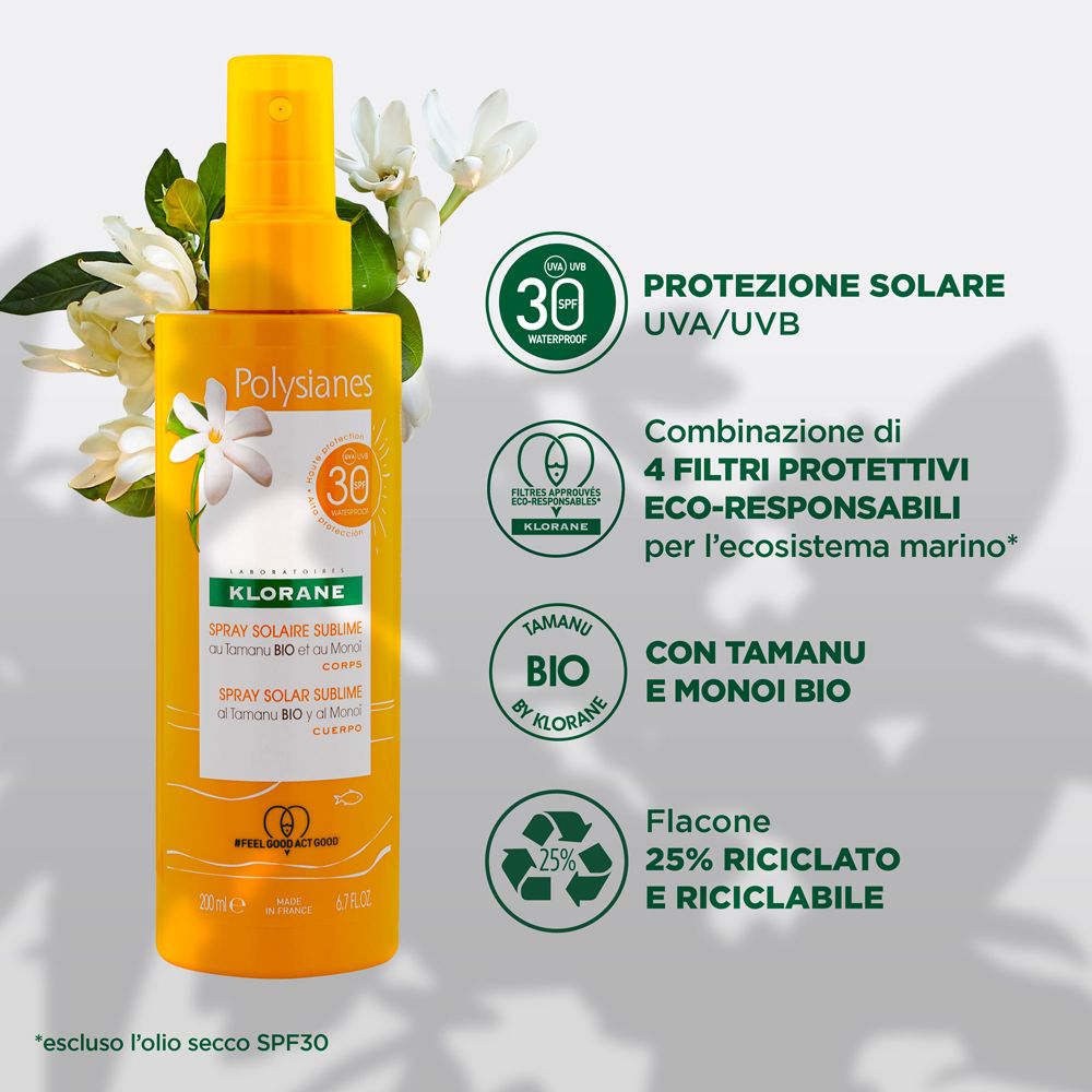 Zonnecrèmesprayfles met SPF 30. Opschrift: KLORANE, Spray Solaire Sublime. Met Tamanu Bio en Monoi Bio. Fles van 25% gerecycled materiaal.