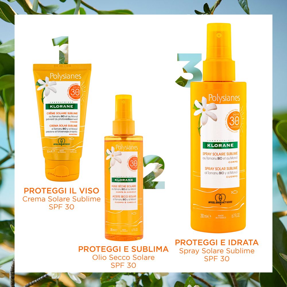 Drie zonverzorgingsproducten: crème, olie en spray. Allemaal met SPF 30. Opschrift: Beschermen en hydrateren.