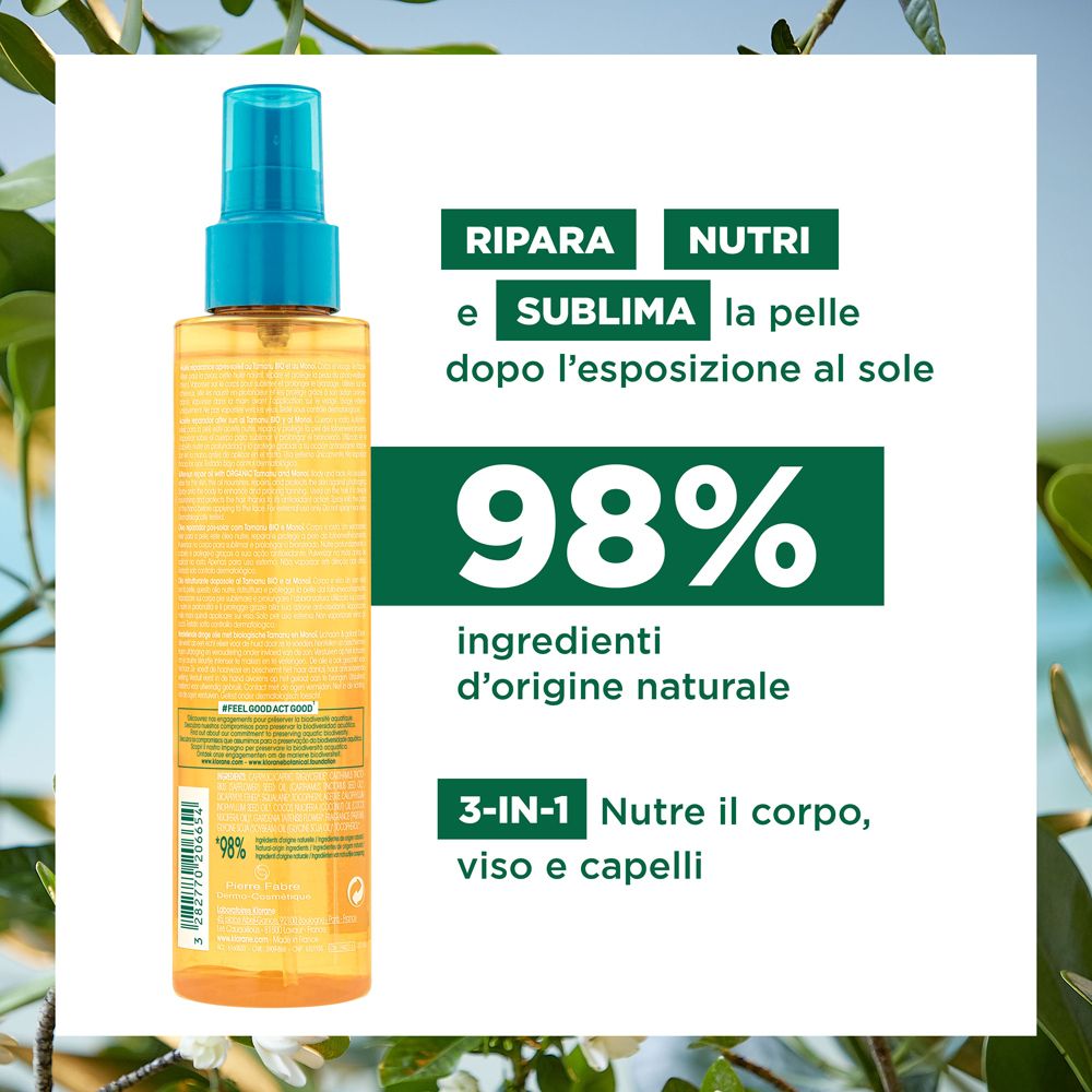 Dos du flacon d'huile Klorane. Texte: 98% ingrédients d'origine naturelle. 3-en-1: Nourrit corps, visage et cheveux.