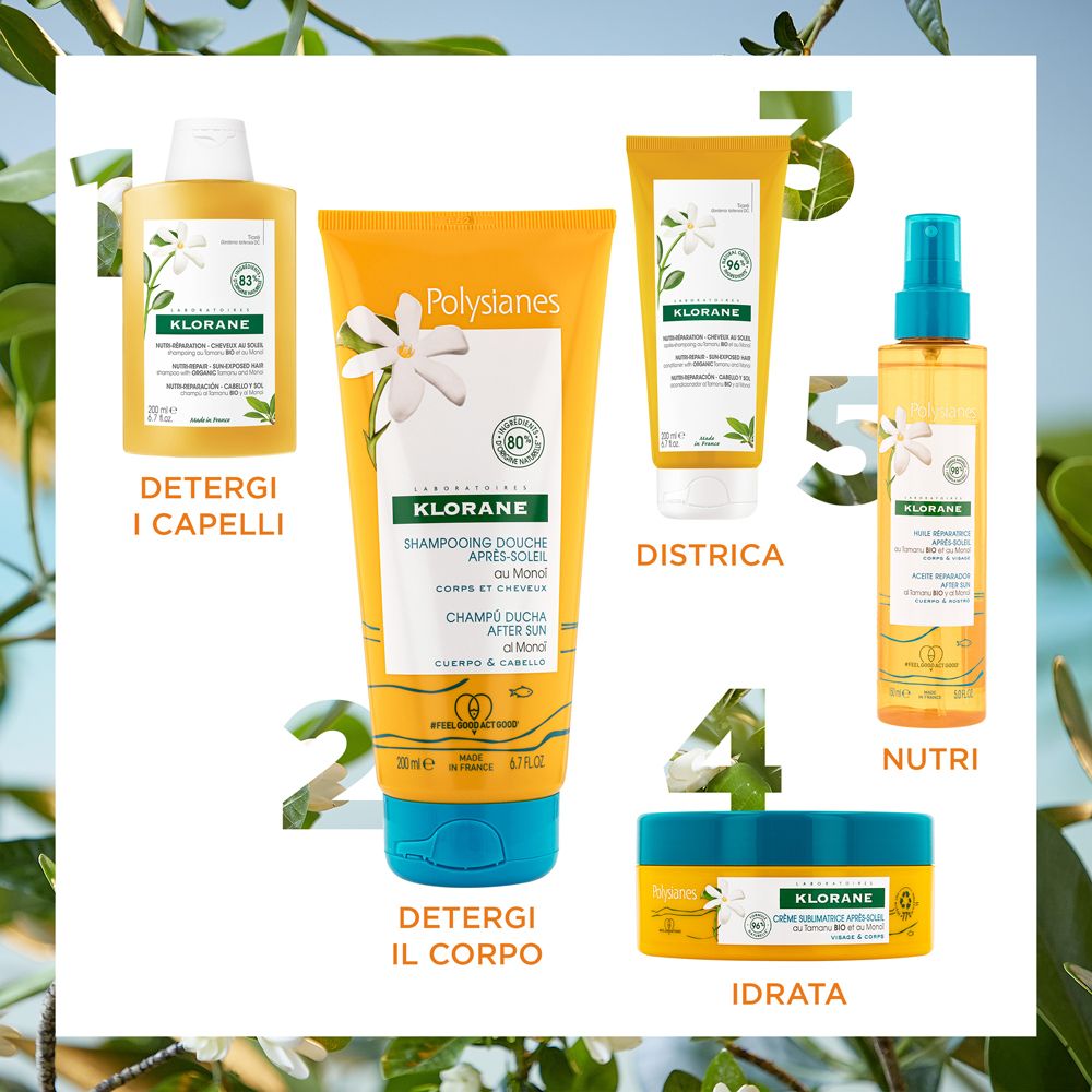 Divers produits Klorane. Shampooing, gel douche, crème, huile. Inscription: Après-soleil. 98% ingrédients naturels.