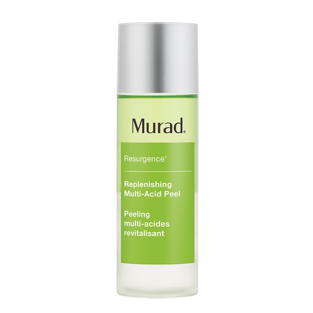 Flacon Murad Resurgence Multi-Acid Peel. Étiquette verte et blanche. Informations produit. Bouchon argenté.