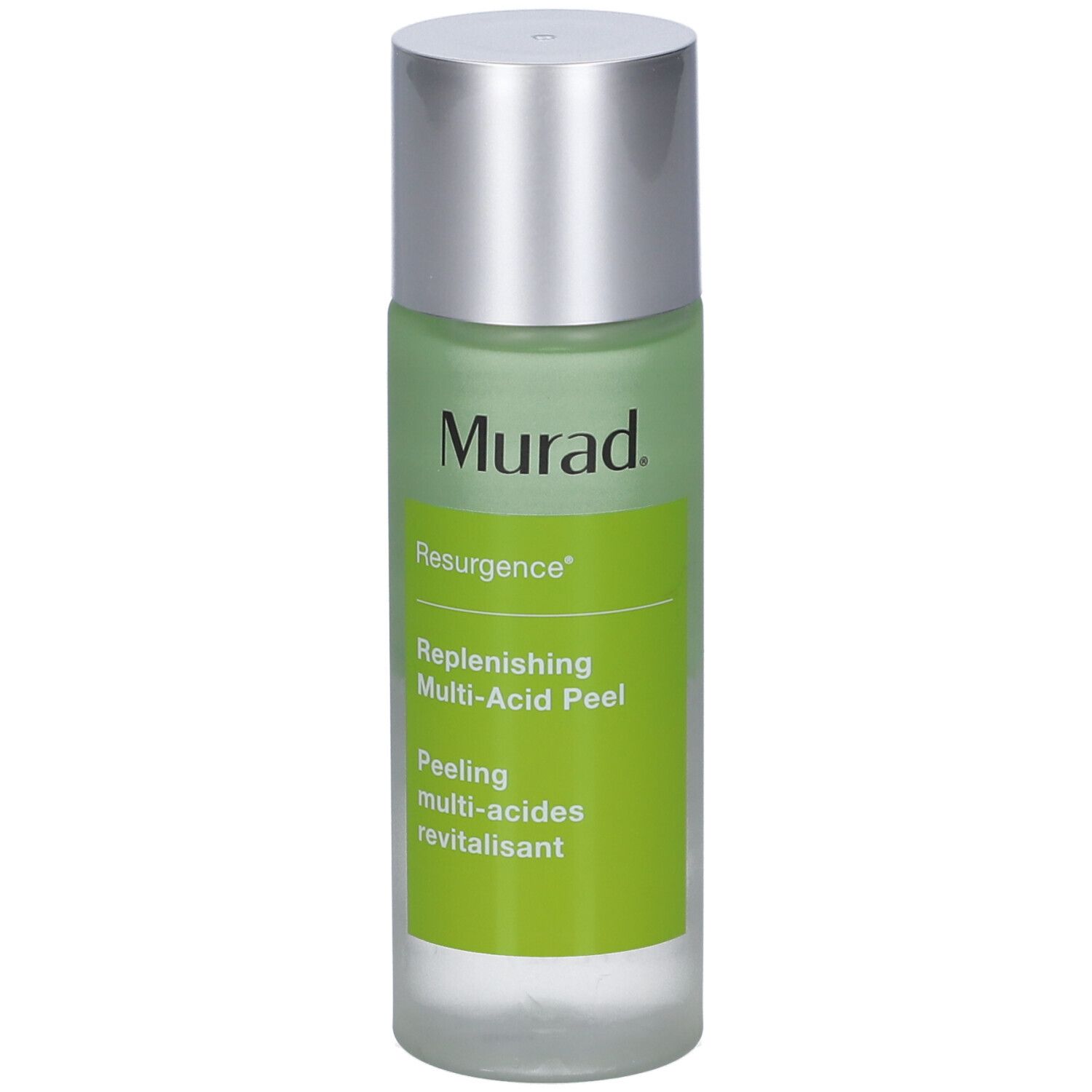Flacon Murad Resurgence Multi-Acid Peel. Étiquette verte et blanche. Informations produit. Bouchon argenté.
