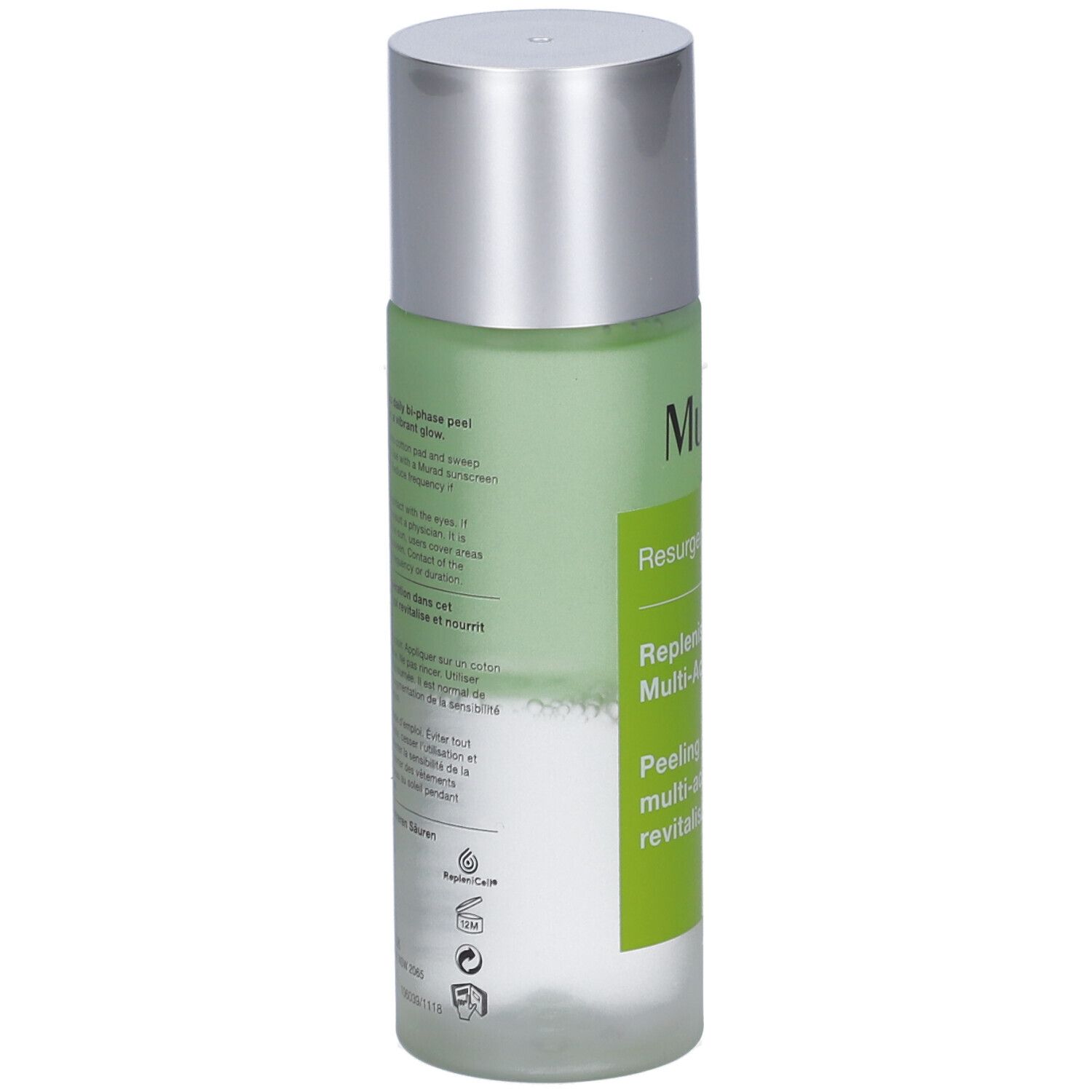 Flacon Murad Resurgence Multi-Acid Peel. Dos avec texte. Bouchon argenté. Contenu vert visible.