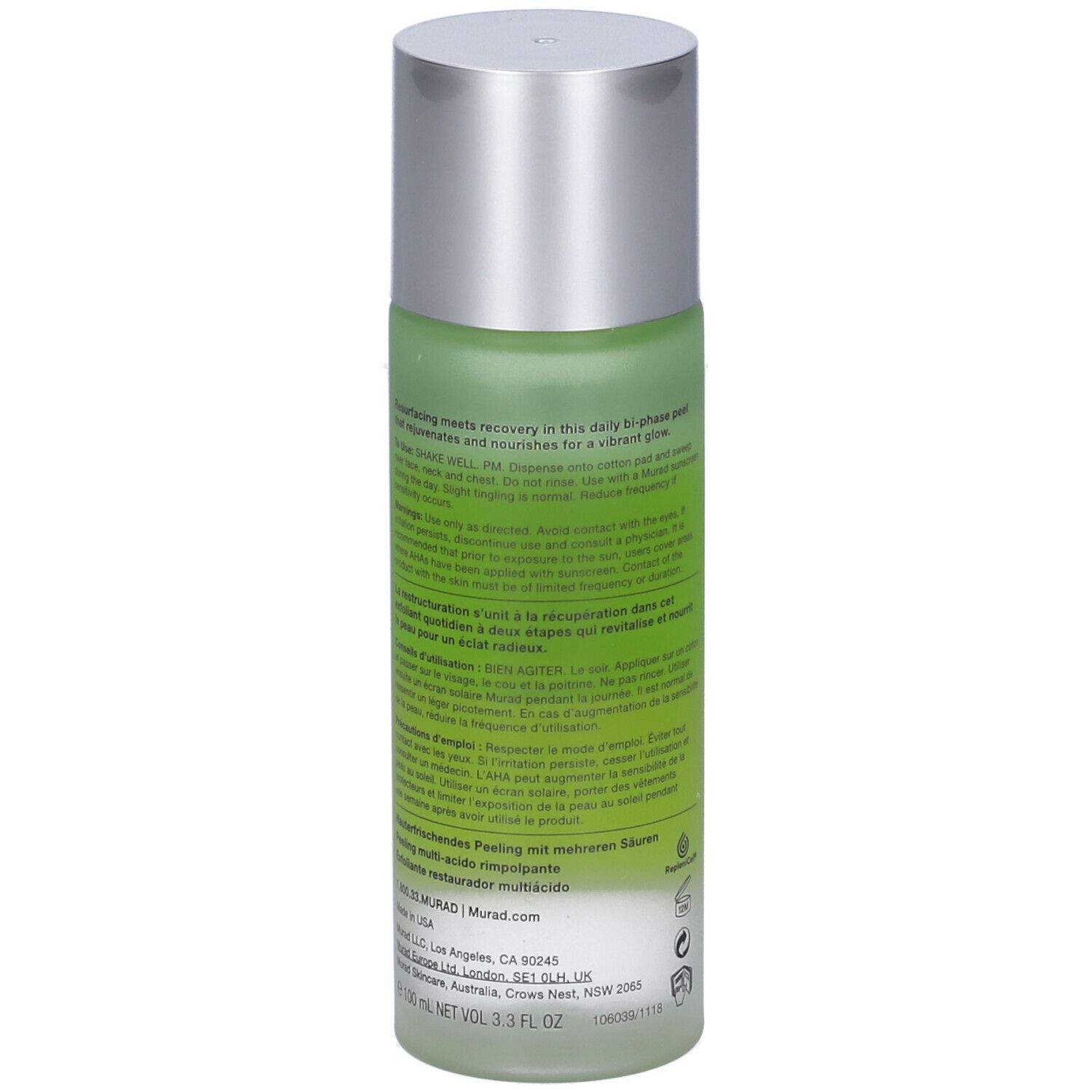 Flacon Murad Resurgence Multi-Acid Peel. Dos avec texte. Bouchon argenté. Contenu vert visible.
