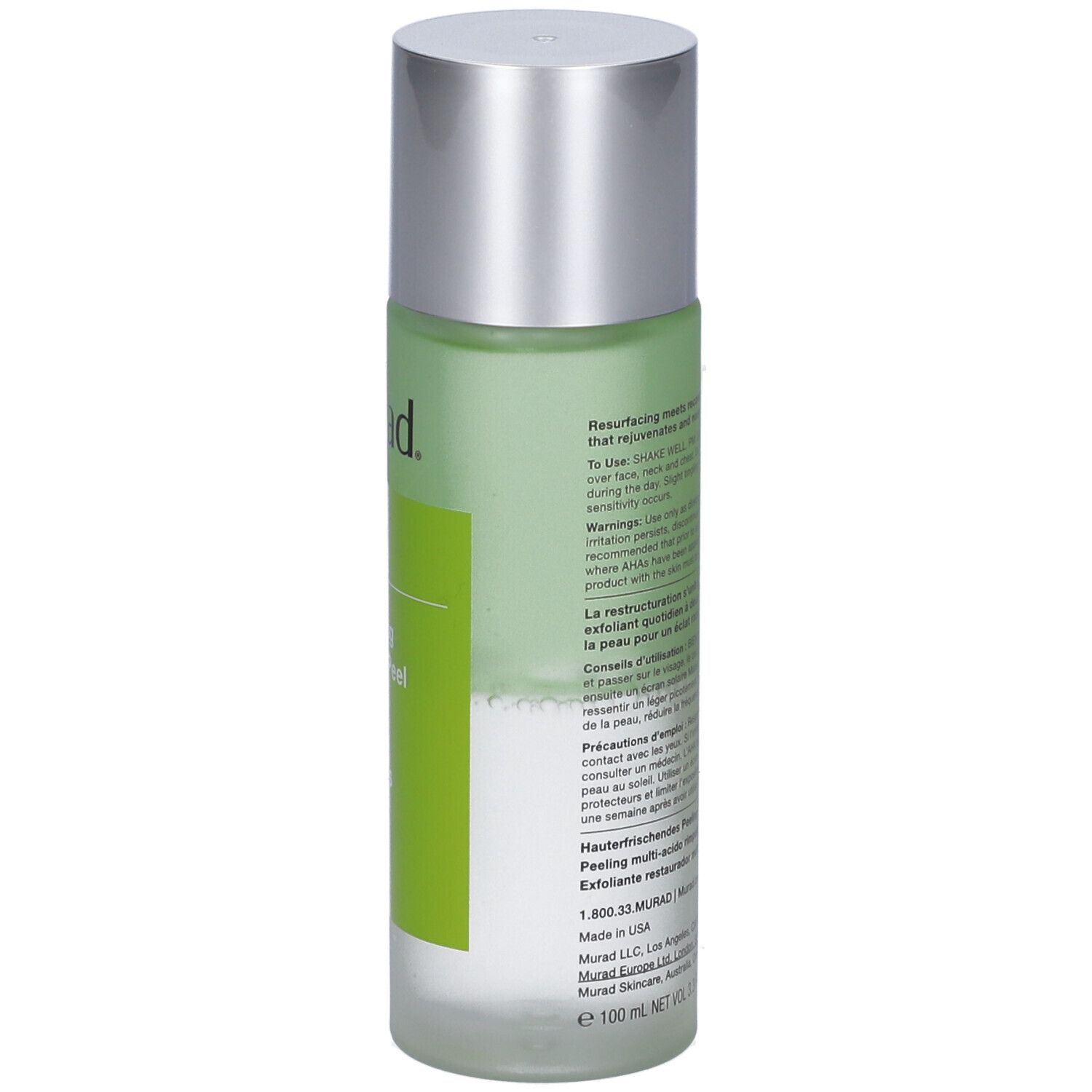 Flacon Murad Resurgence Multi-Acid Peel. Dos avec texte. Bouchon argenté. Contenu vert visible.