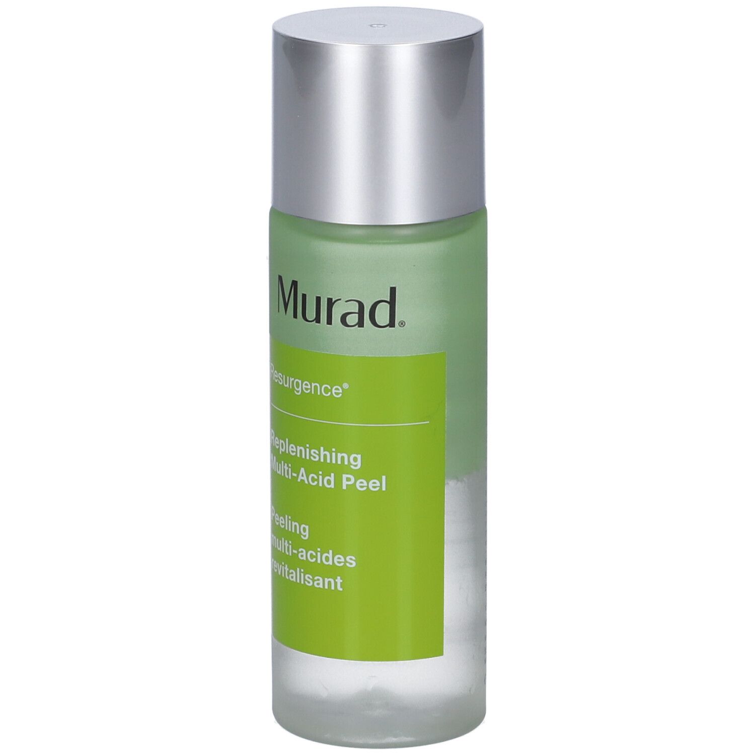 Flacon Murad Resurgence Multi-Acid Peel. Étiquette verte et blanche. Informations produit. Bouchon argenté.