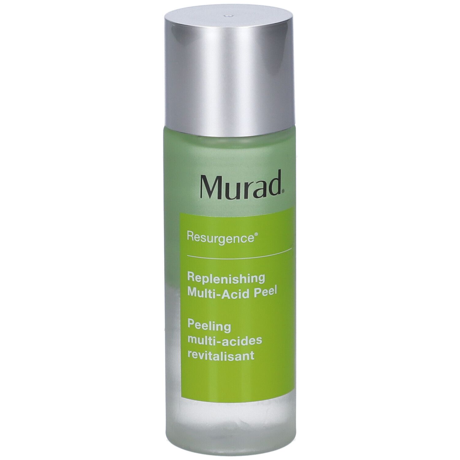 Flacon Murad Resurgence Multi-Acid Peel. Étiquette verte et blanche. Informations produit. Bouchon argenté.