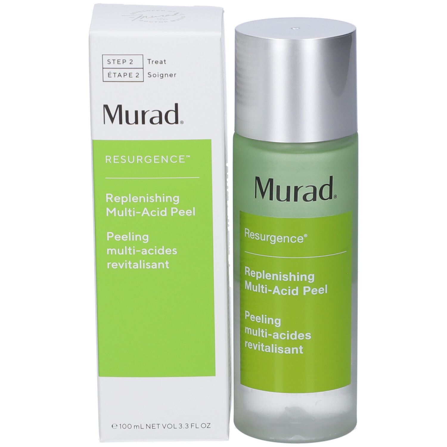 Flacon et emballage Murad Resurgence Multi-Acid Peel. Boîte blanche. Bouchon argenté.