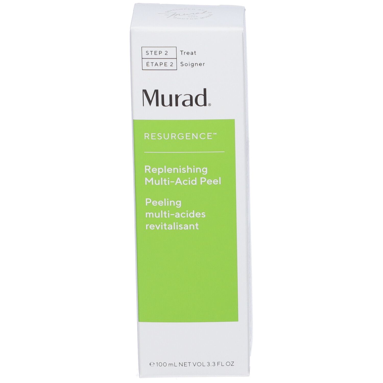 Emballage Murad Resurgence Multi-Acid Peel. Boîte blanche avec accents verts. Nom du produit.