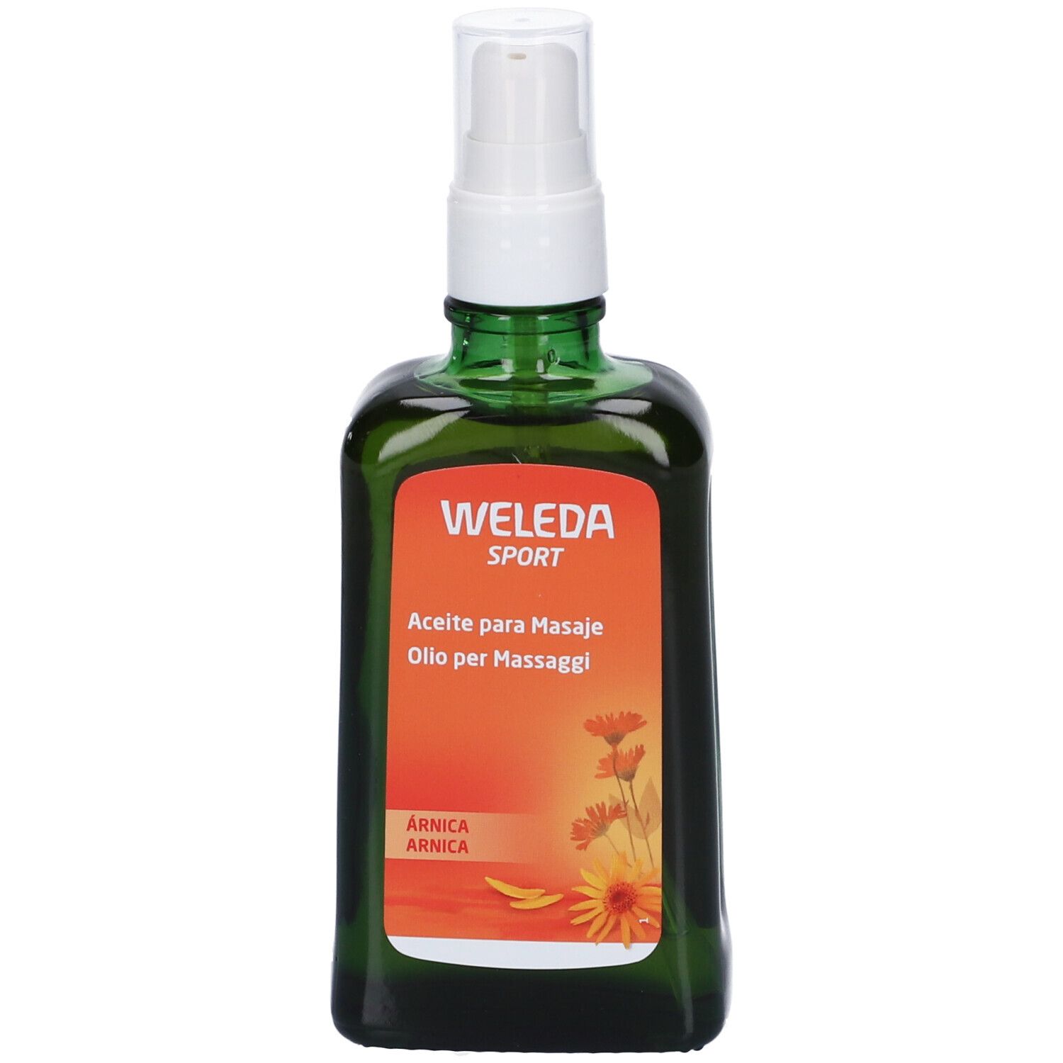 Flacon en verre vert avec vaporisateur blanc. Étiquette WELEDA SPORT, texte et fleurs. Huile de massage à l'arnica.