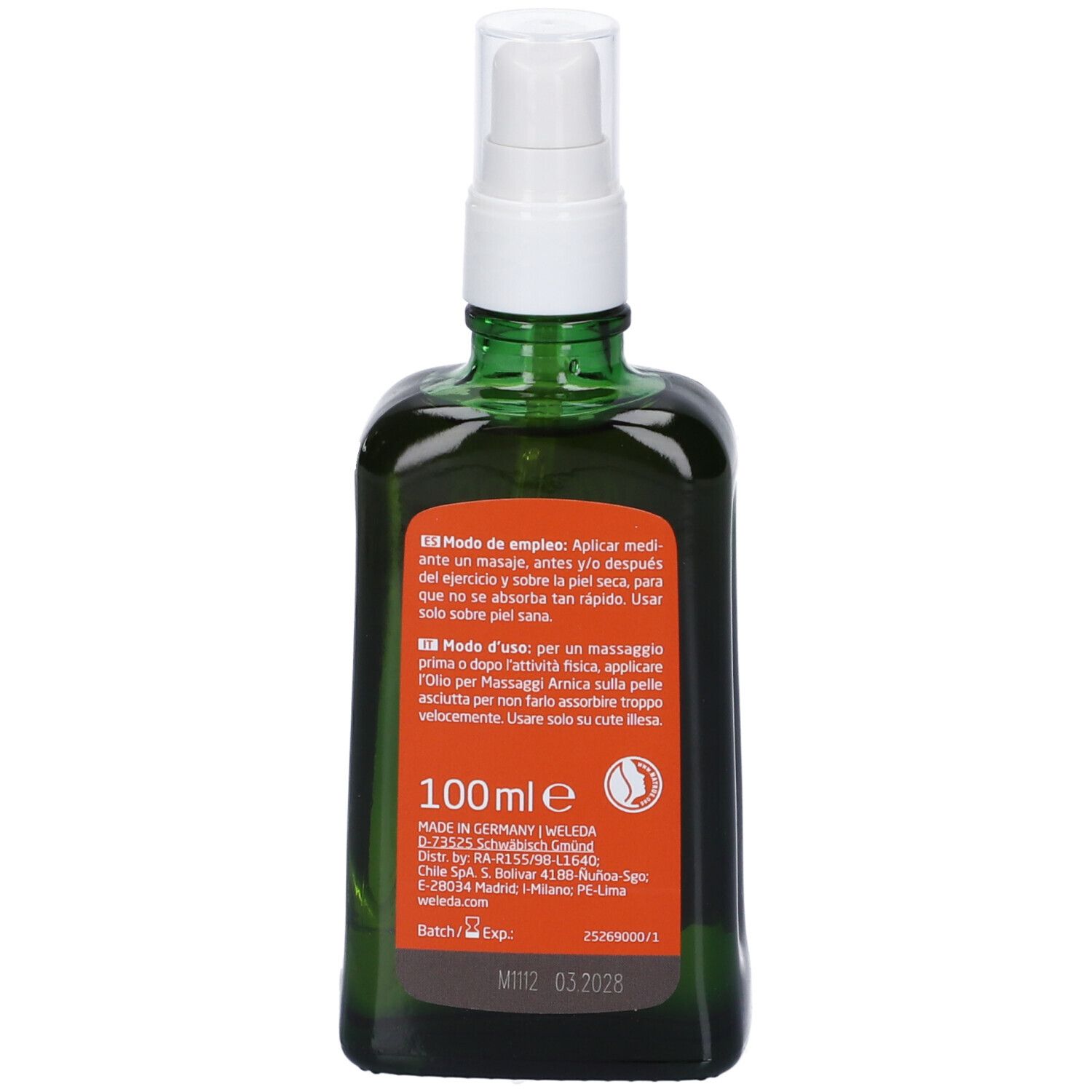 Dos du flacon en verre vert avec vaporisateur blanc. Texte en espagnol et italien. 100ml. Numéro de lot et date d'expiration.