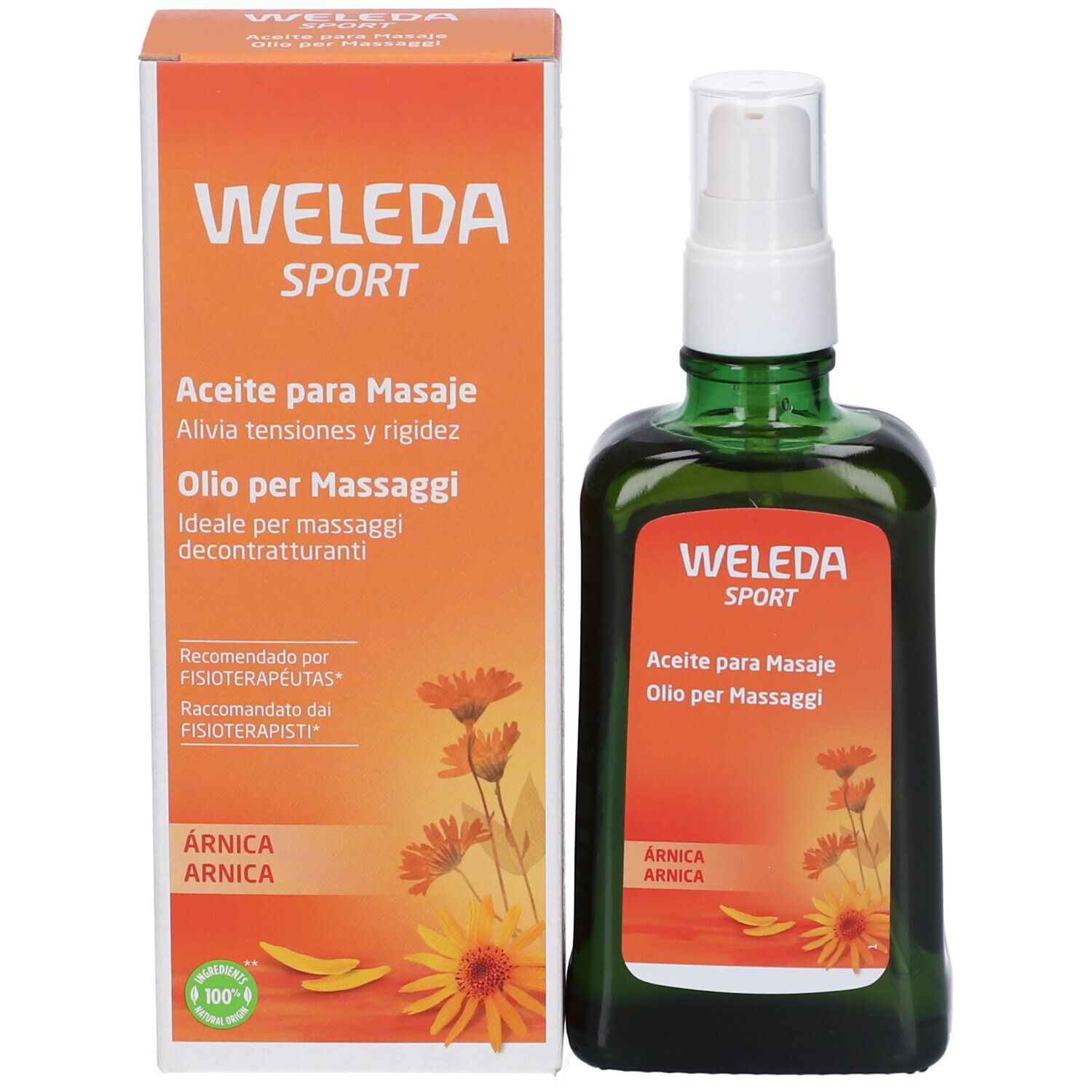 Produit avec emballage. Flacon vert avec vaporisateur blanc et carton. WELEDA SPORT, texte et fleurs. Huile de massage à l'arnica.