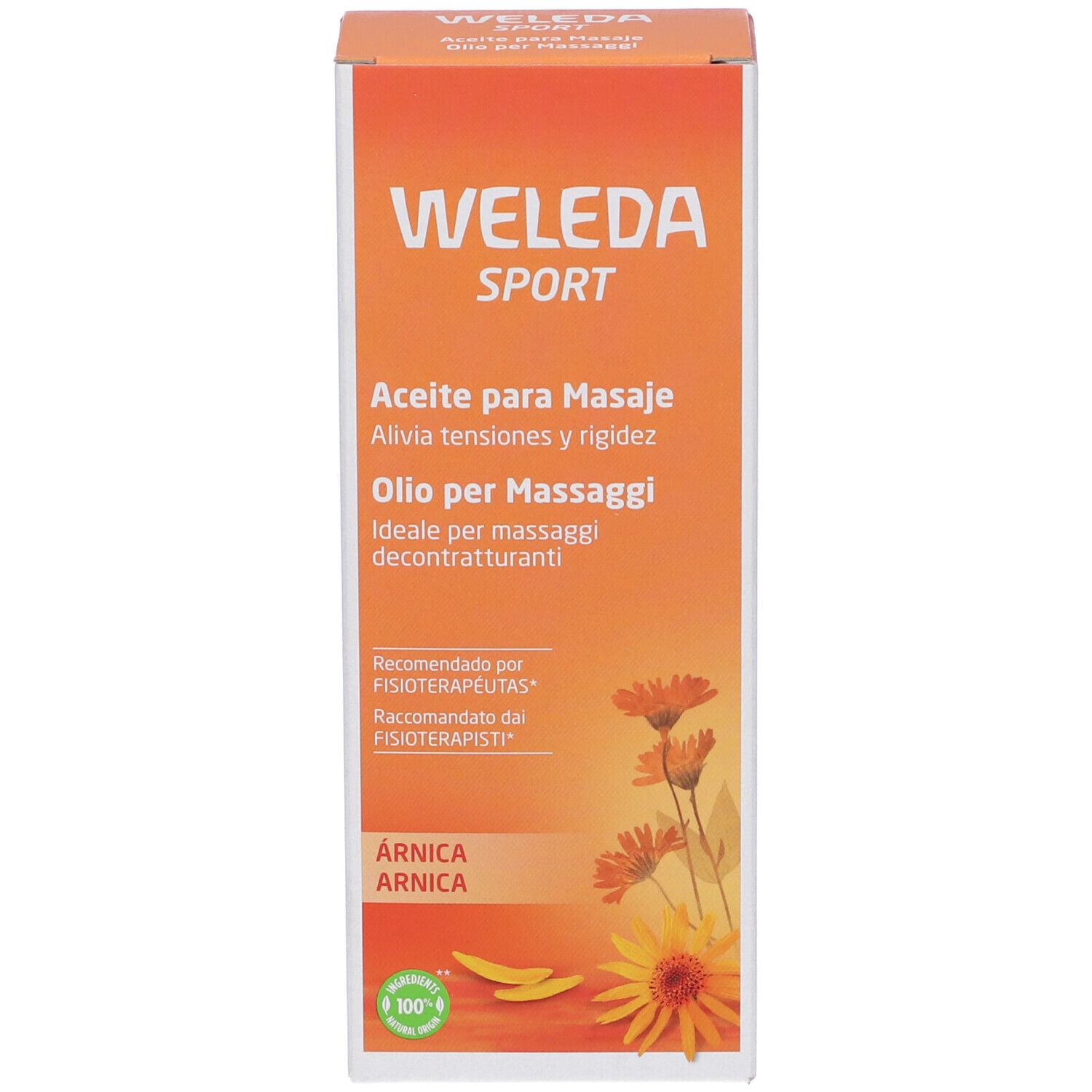 Emballage en carton avec WELEDA SPORT, texte et fleurs. Huile de massage à l'arnica. Recommandé par les physiothérapeutes.