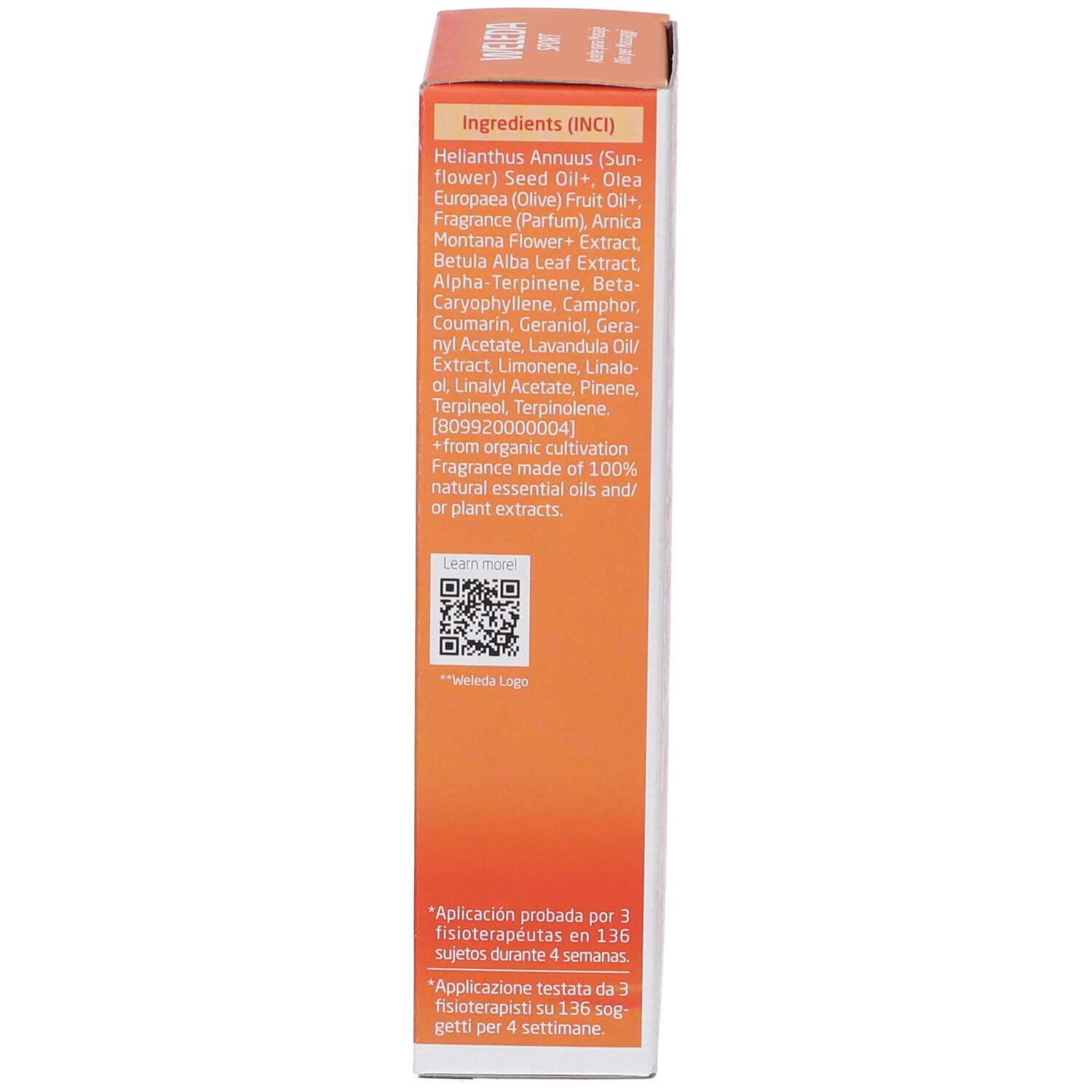 Emballage en carton avec ingrédients (INCI). Code QR et texte. Fabriqué à partir d'huiles essentielles naturelles et d'extraits de plantes.