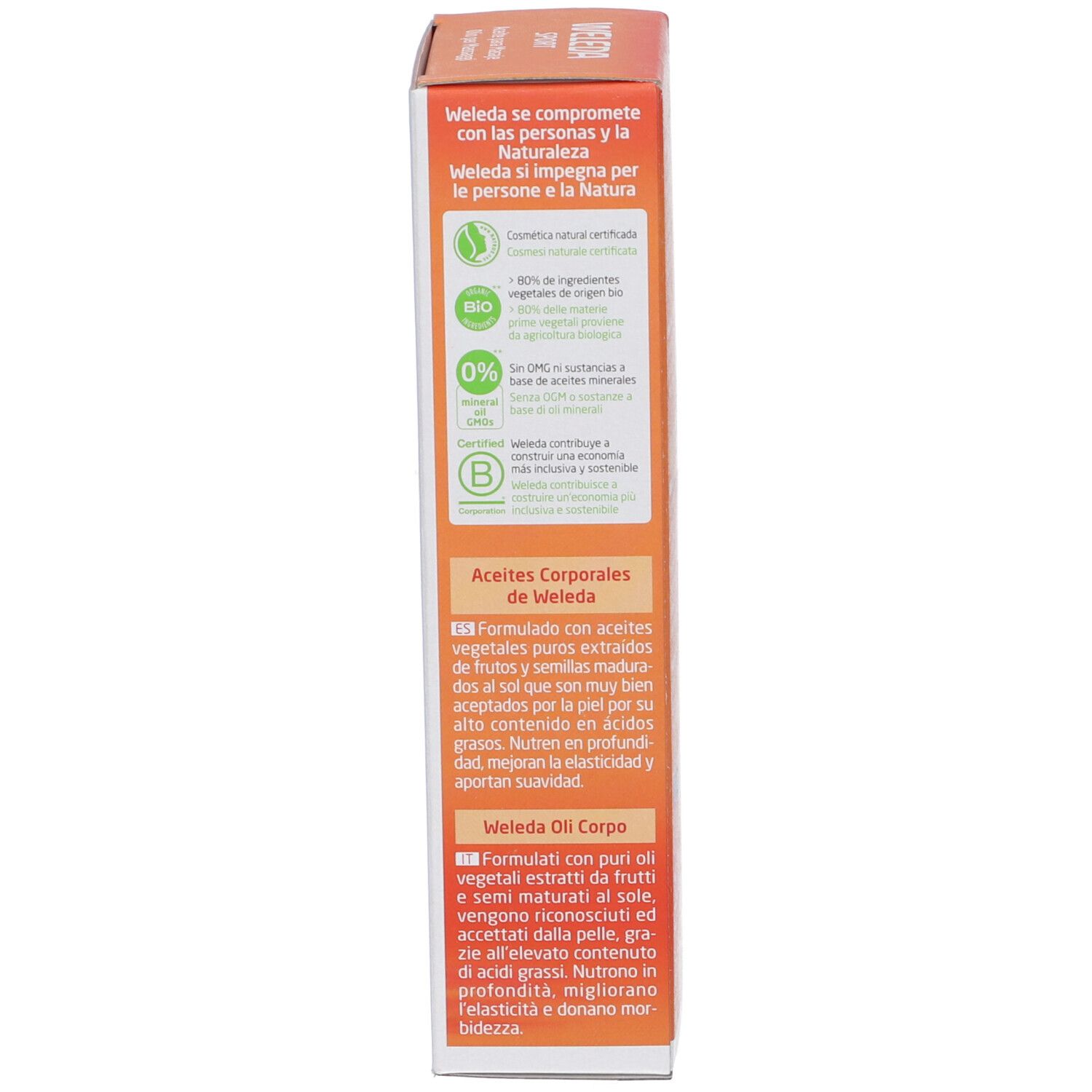 Emballage en carton avec texte sur WELEDA et la nature. Certifications et texte sur les huiles corporelles. Formulation avec des huiles.