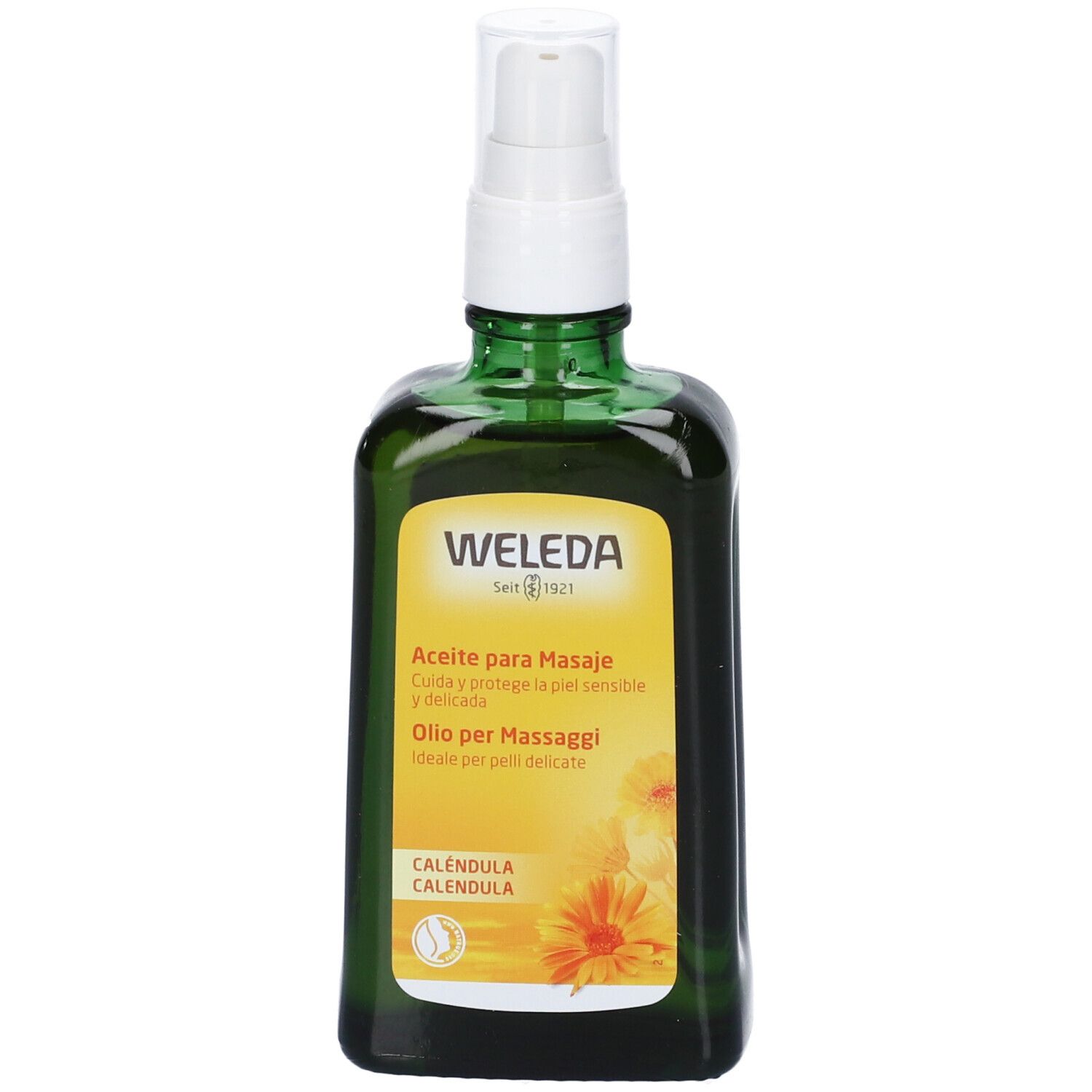 Flacon en verre vert avec pompe blanche. Étiquette avec nom du produit et motif floral. Marque : Weleda.