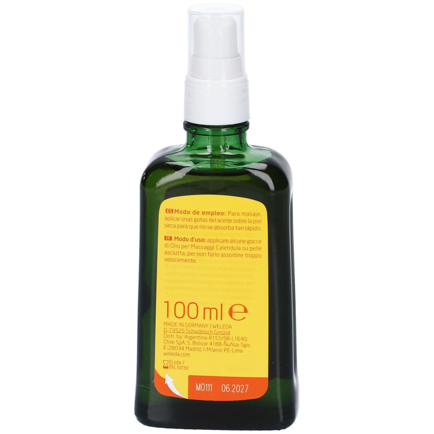 Dos du flacon en verre vert. Étiquette avec informations produit et ingrédients. 100 ml.