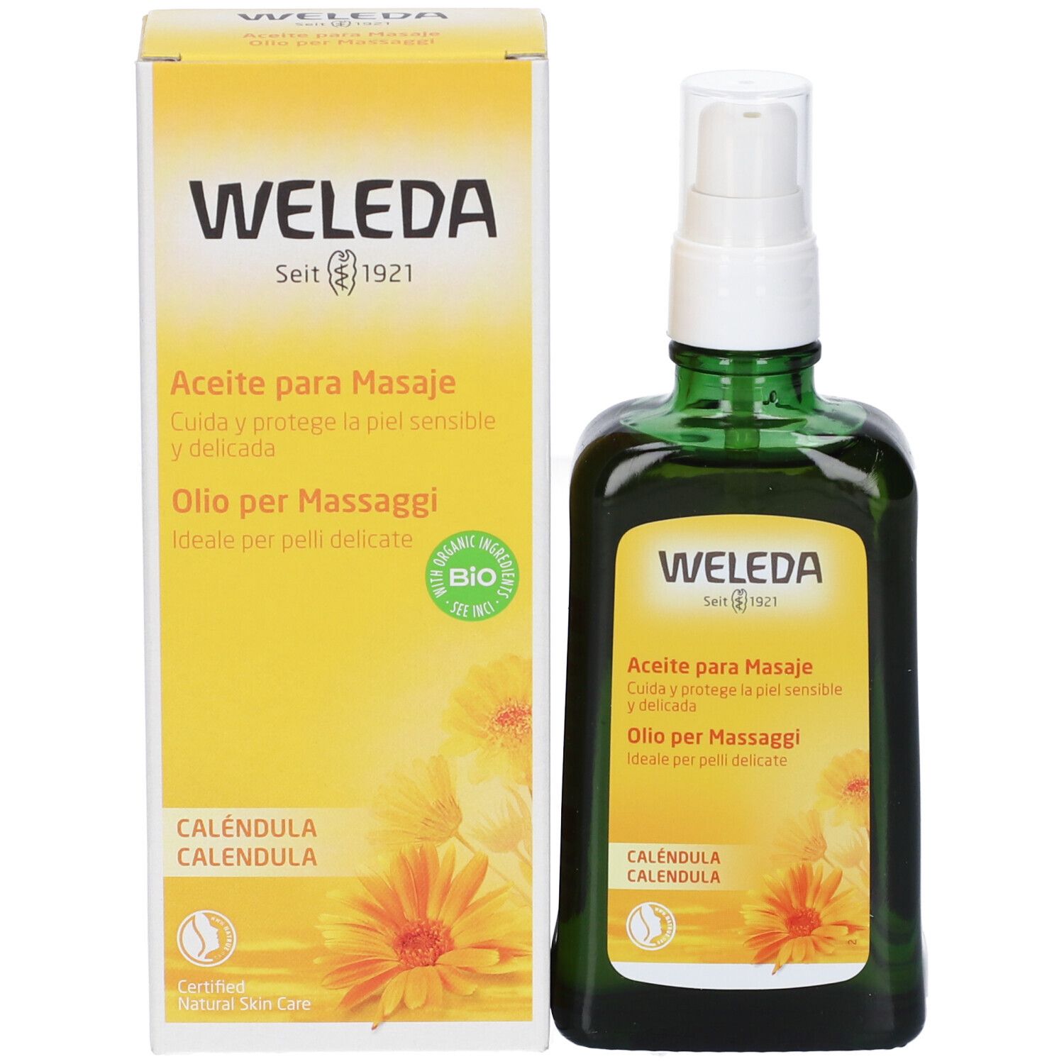 Flacon et emballage côte à côte. Emballage jaune avec nom du produit et motif floral. Marque : Weleda.