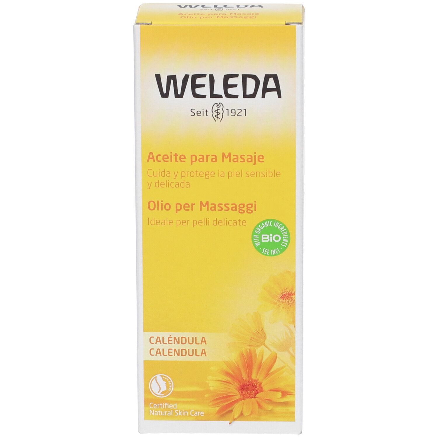 Emballage jaune avec nom du produit et motif floral. Marque : Weleda. Label bio.