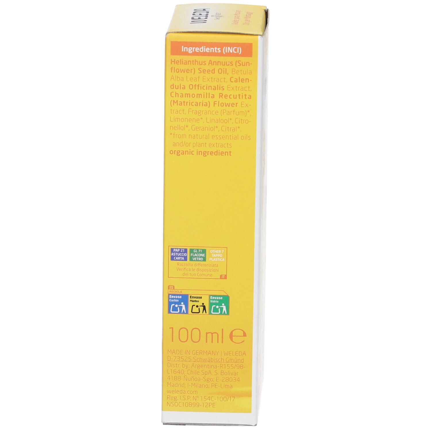 Vue latérale de l'emballage. Liste des ingrédients. 100 ml. Label bio.