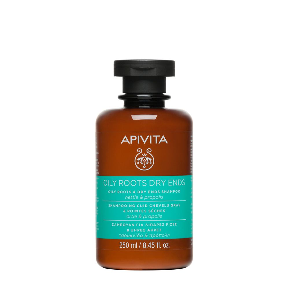 Shampoing Apivita pour racines grasses et pointes sèches, 250 ml.