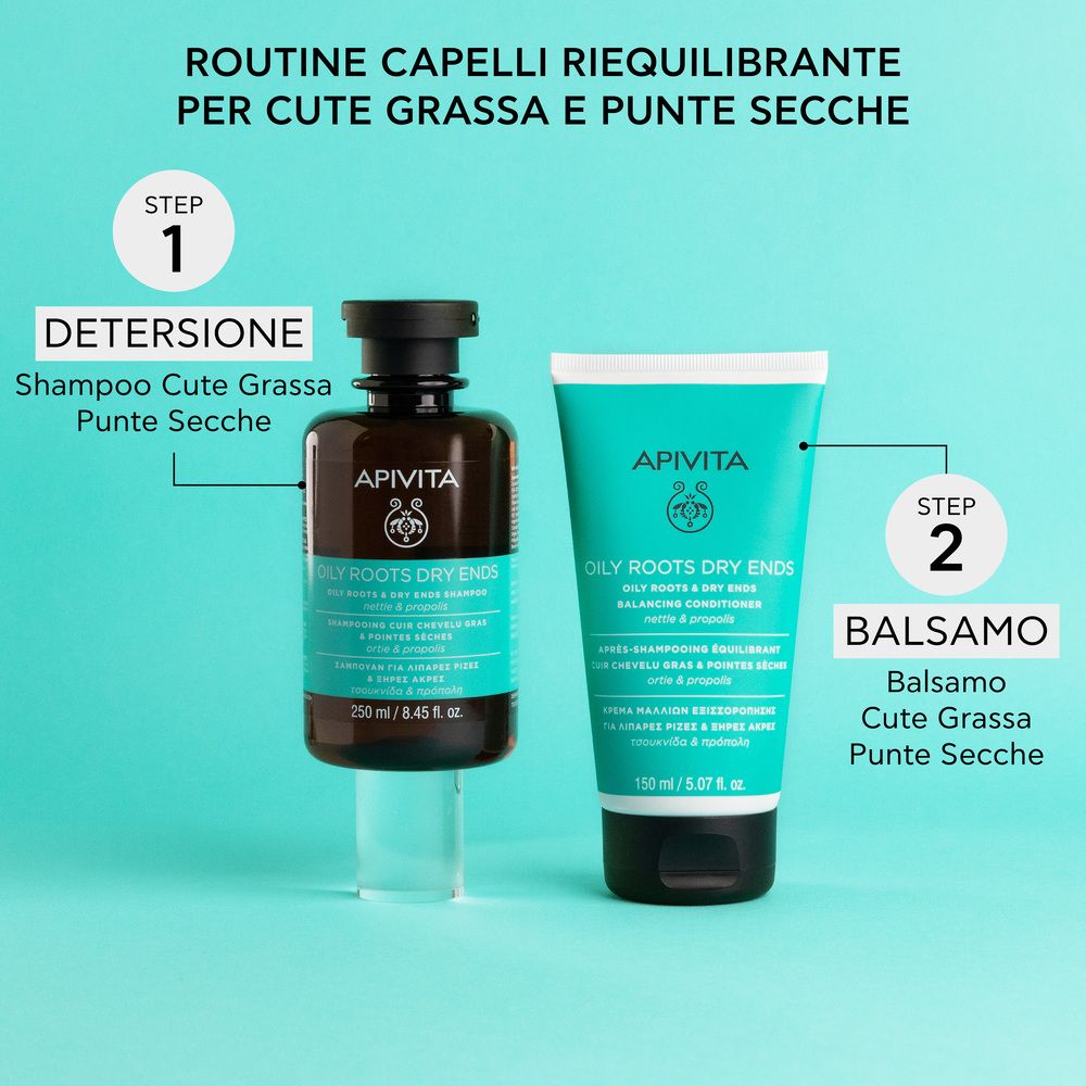 Deux produits capillaires Apivita : shampooing (250ml) et baume (150ml) pour racines grasses et pointes sèches.