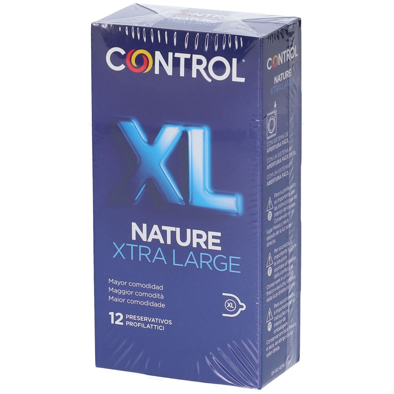 Boîte de préservatifs Control Nature Xtra Large, 12 unités. Boîte bleue avec inscription blanche et argentée.