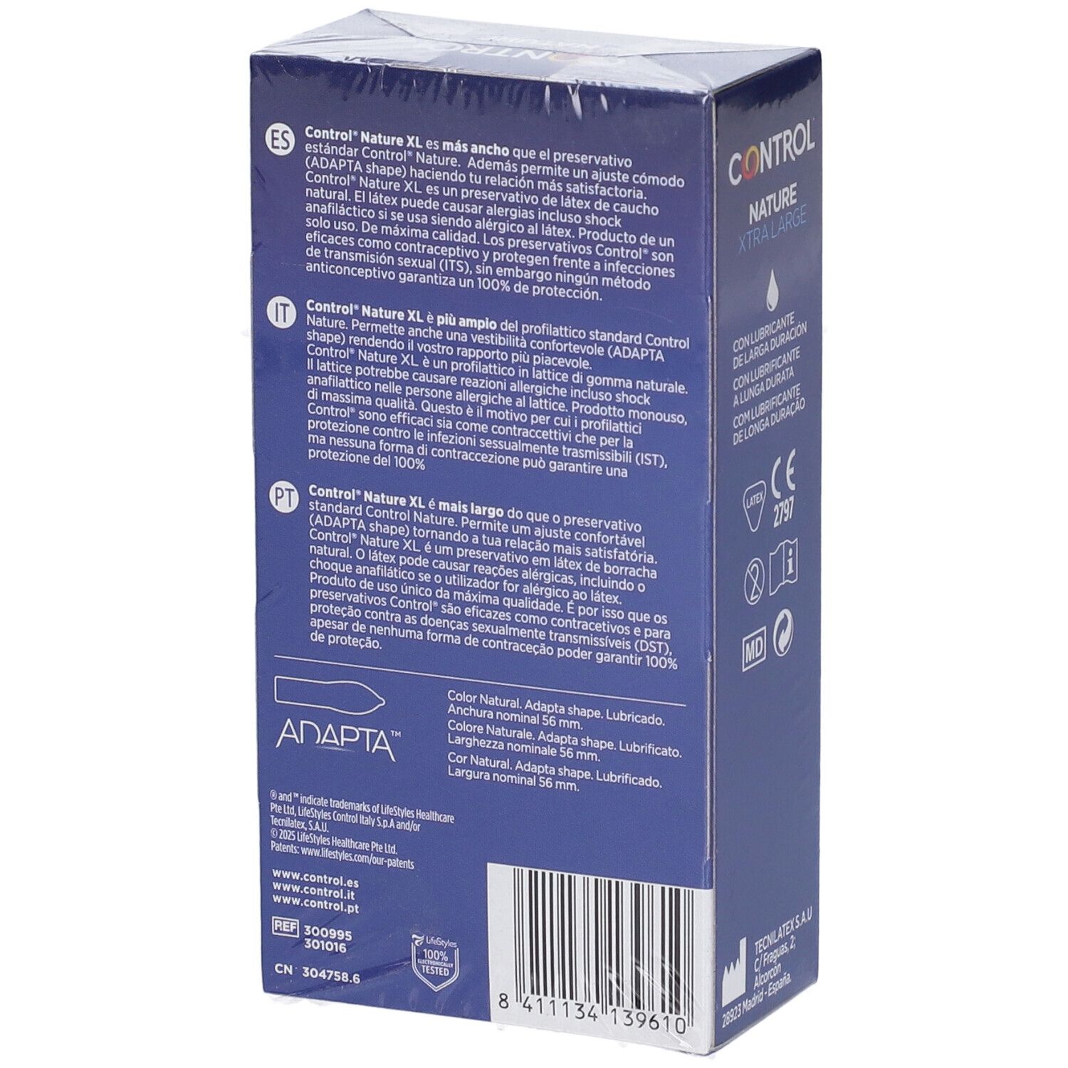 Boîte de préservatifs Control Nature XL, bleue avec texte et marquage CE.