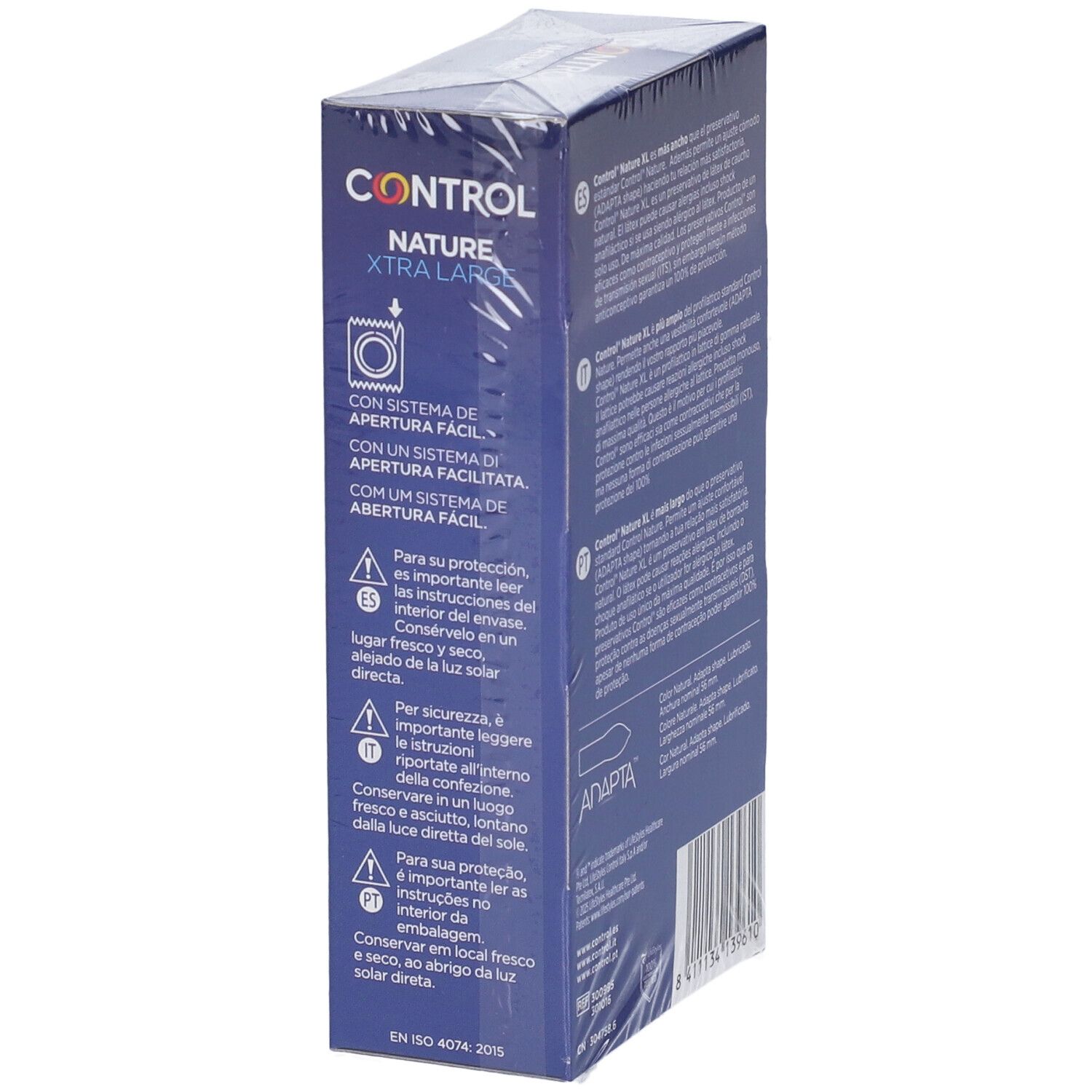 Boîte d'emballage pour préservatifs CONTROL NATURE XTRA LARGE avec système d'ouverture facile.