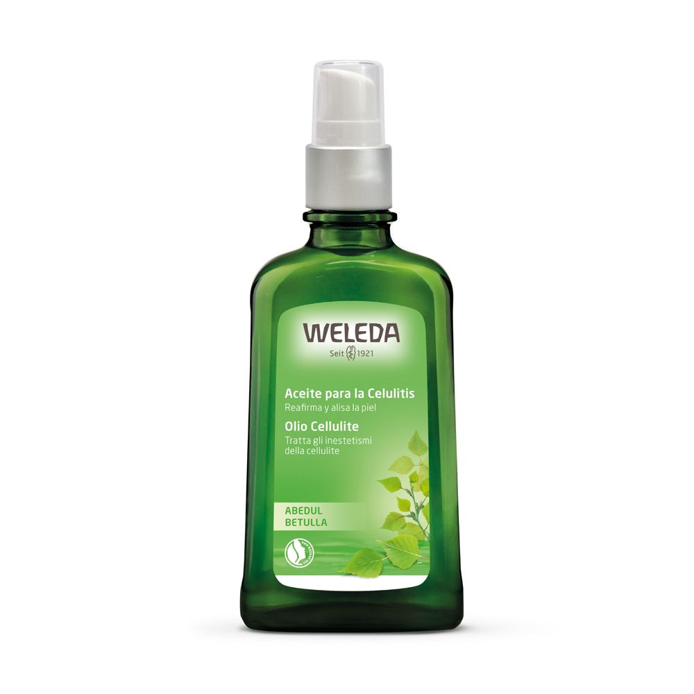 Flacon en verre vert avec vaporisateur. Étiquette avec nom du produit et logo. WELEDA Olio Cellulite Betulla.