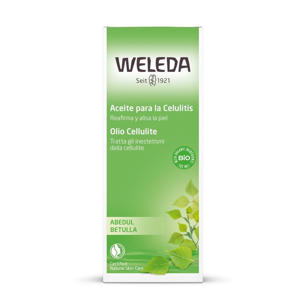 Emballage vert, haut, avec nom du produit et logo. WELEDA Olio Cellulite Betulla. Certification bio.