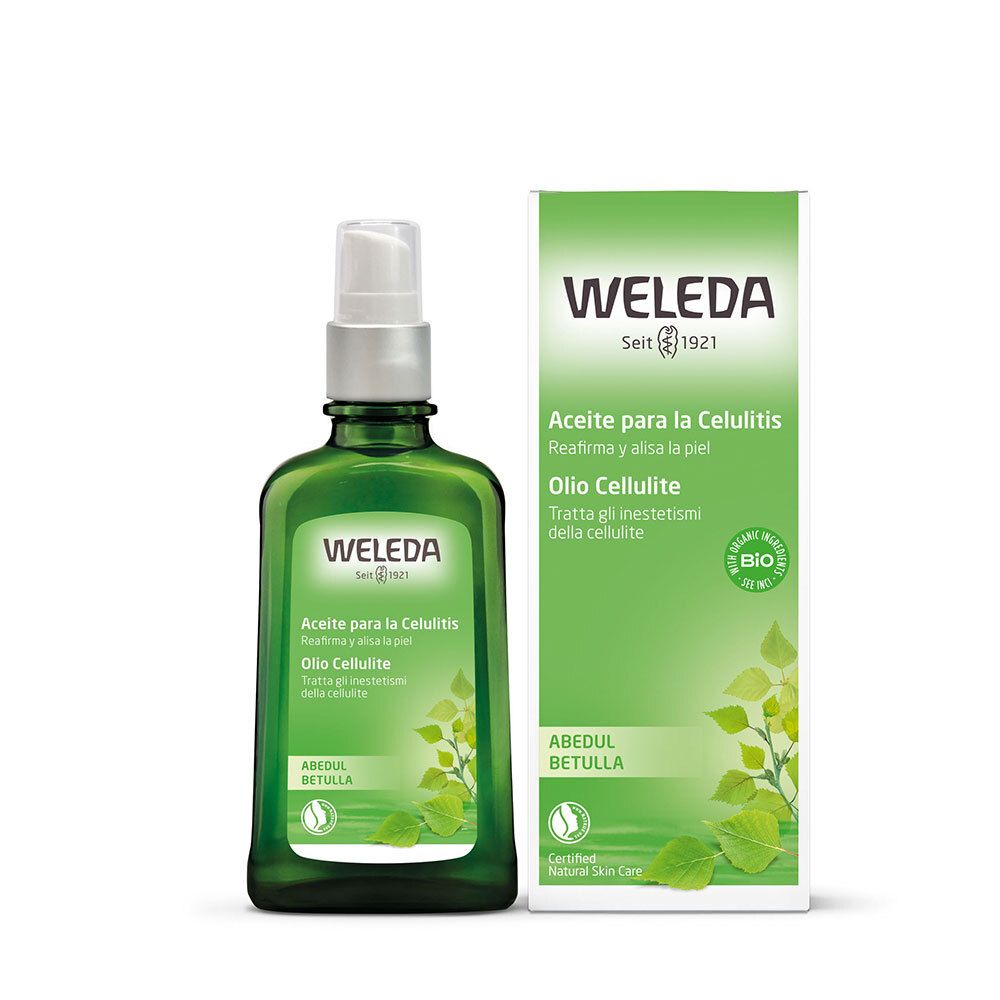 Flacon et emballage verts. Nom du produit et logo visibles. WELEDA Olio Cellulite Betulla. Certification bio.