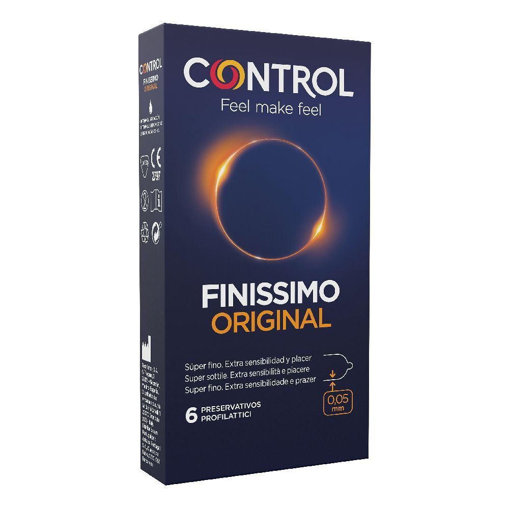 Control Finissimo Original condoomverpakking, 6 stuks. Donkerblauw met oranje cirkeldesign. Toont 0,05 mm dikte.