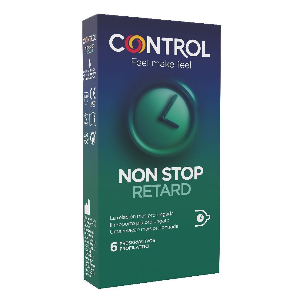 Verpakking met condooms. Merk CONTROL, tekst NON STOP RETARD. 6 stuks. Groen-blauwe kleuren.