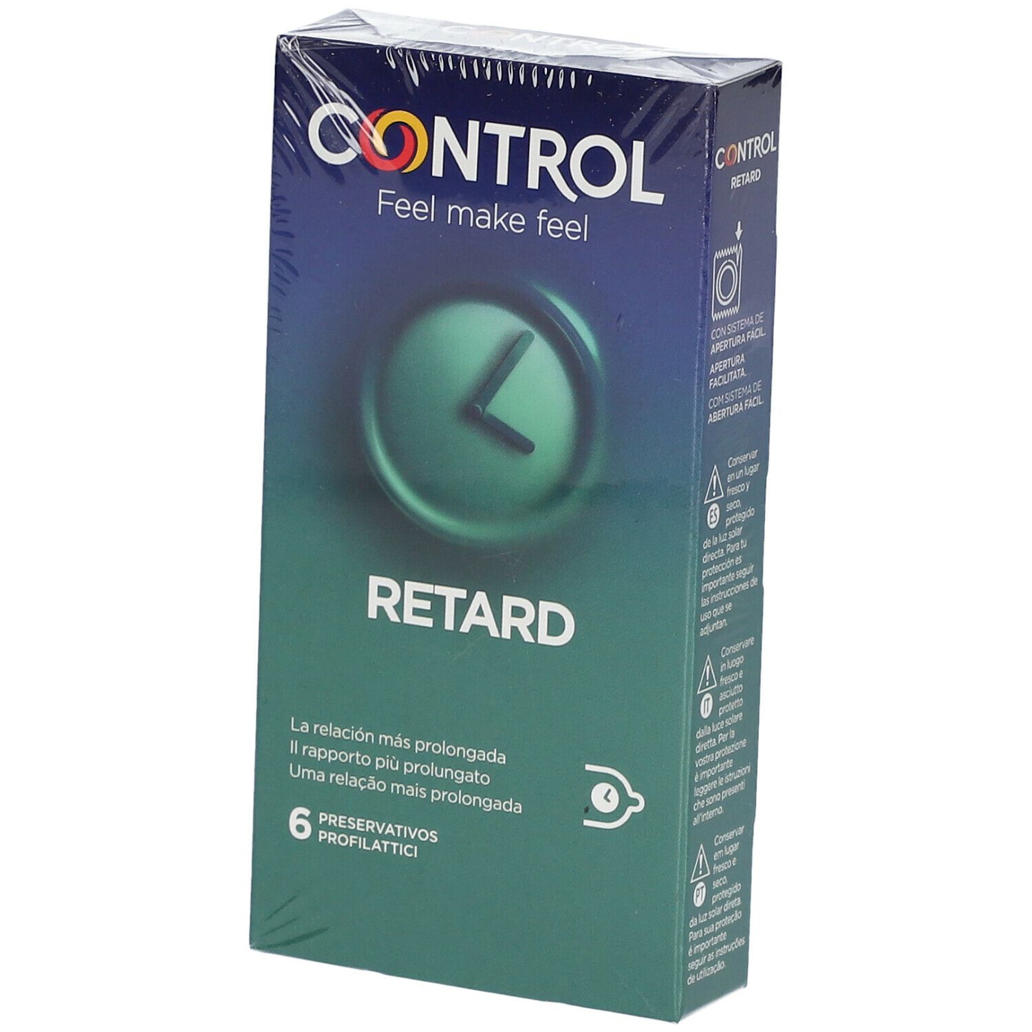 Verpakte condoomverpakking. Merk CONTROL, tekst RETARD. 6 condooms. Groen-blauwe kleuren.