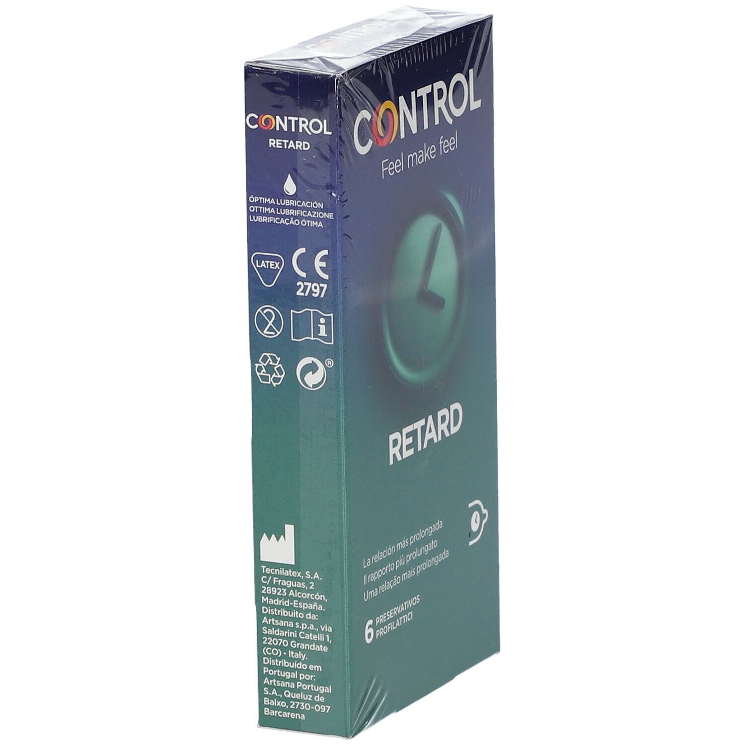 Verpakte condoomverpakking. Merk CONTROL, tekst RETARD. 6 condooms. Groen-blauwe kleuren.
