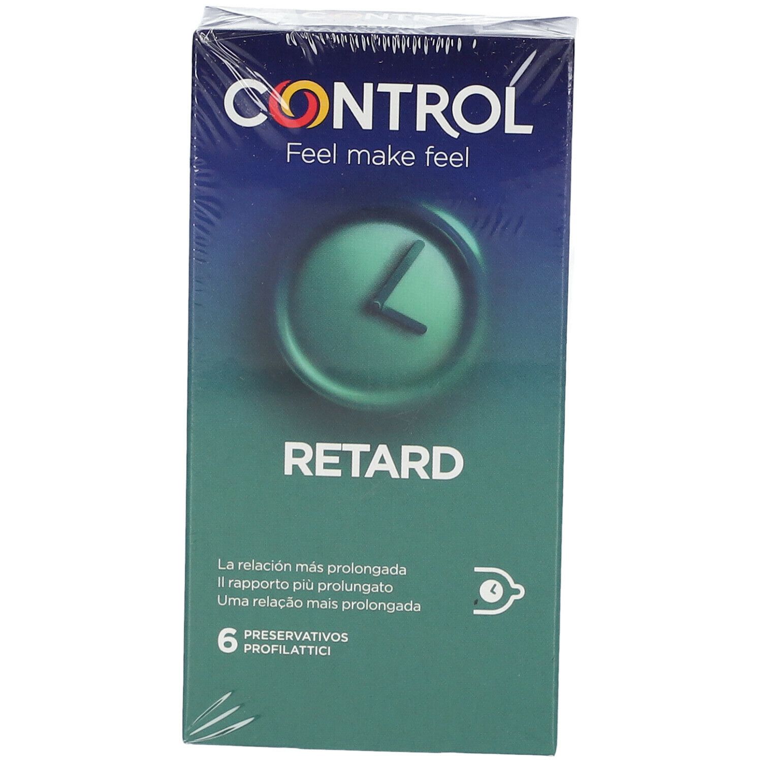 Verpakking met condooms. Merk CONTROL, tekst RETARD. 6 stuks. Groen-blauwe kleuren.