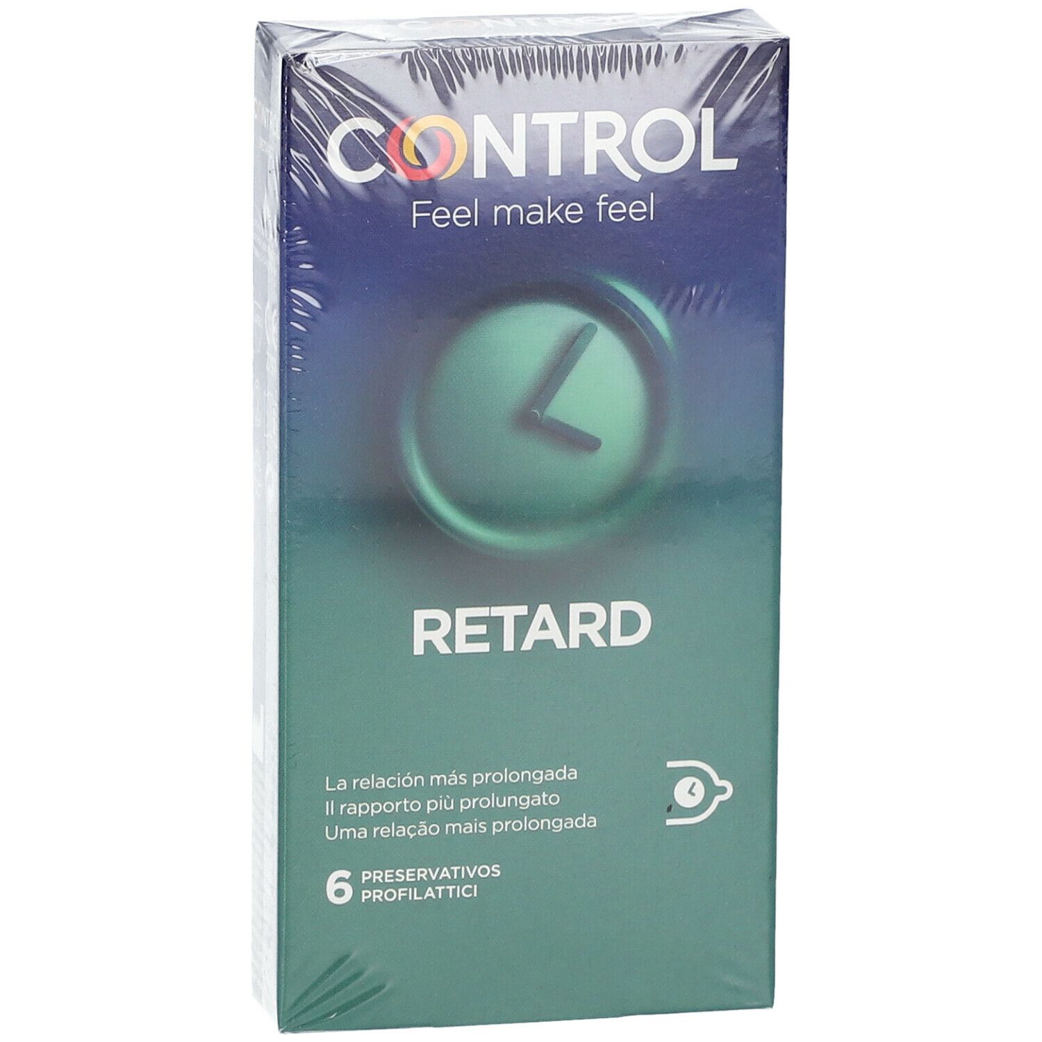 Verpakking met condooms. Merk CONTROL, tekst RETARD. 6 stuks. Groen-blauwe kleuren.
